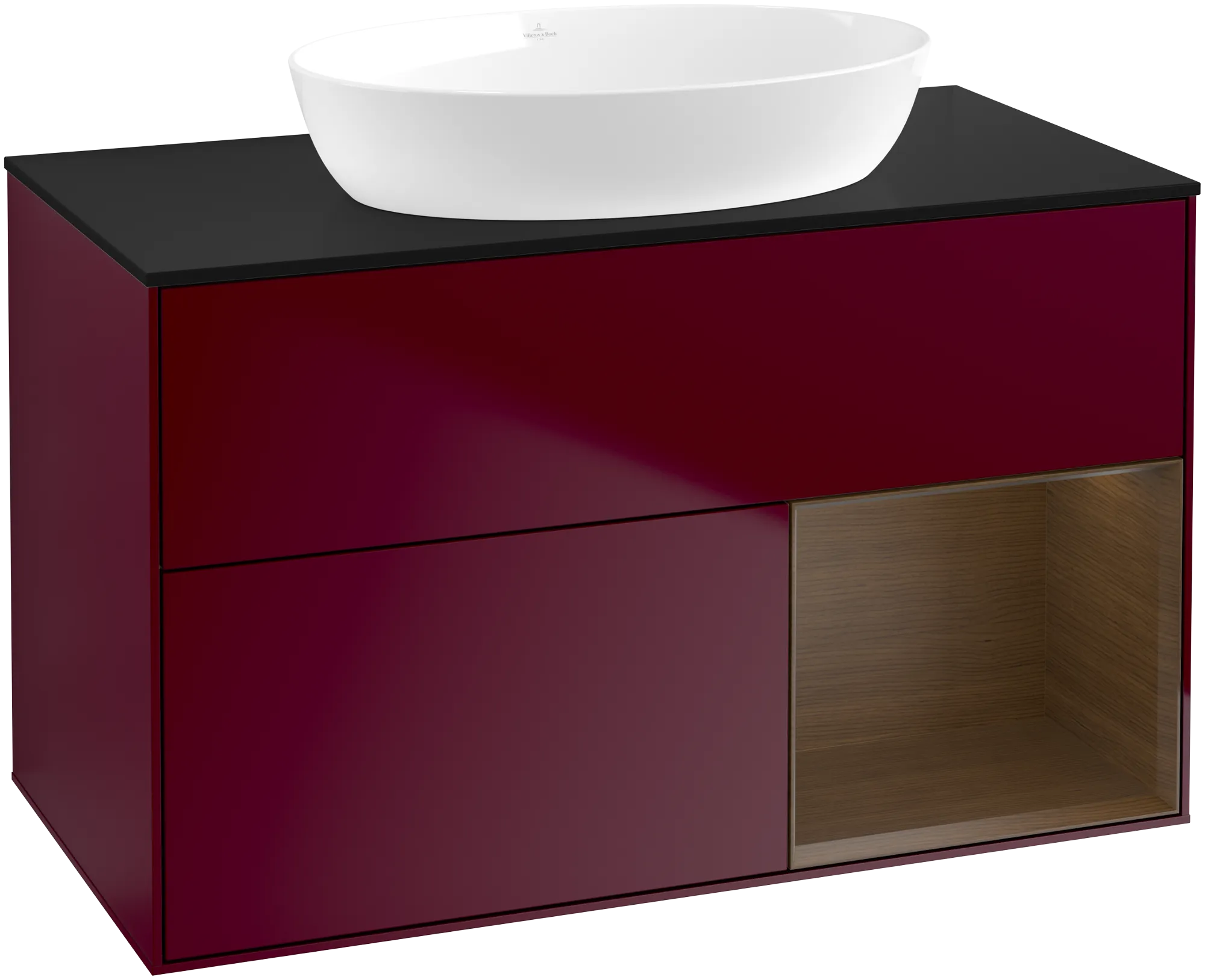 Bild von VILLEROY BOCH Finion Waschbeckenunterschrank, mit Beleuchtung, 2 Auszüge, 1000 x 603 x 501 mm, Peony Matt Lacquer / Walnut Veneer / Glass Black Matt #GA22GNHB