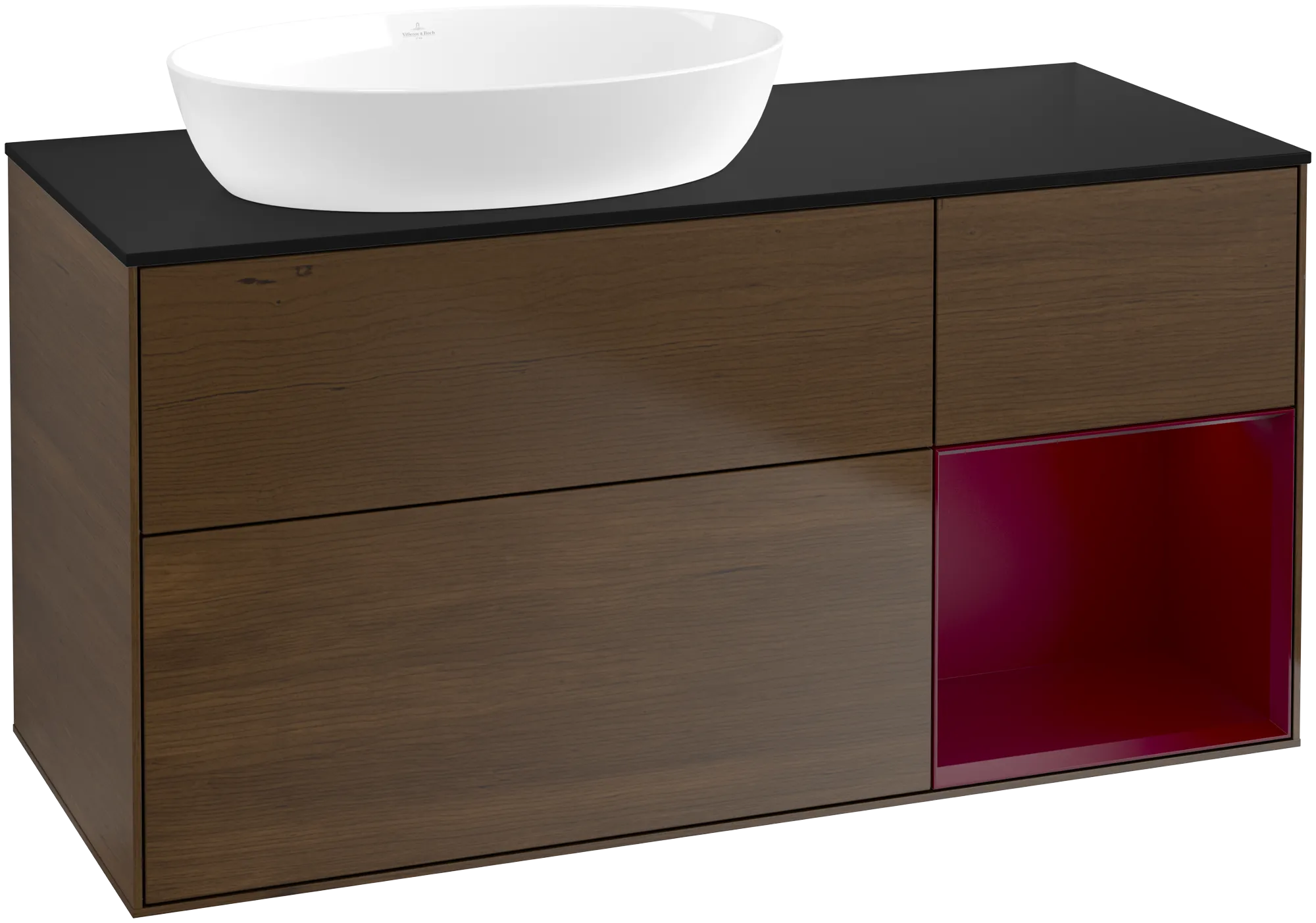 Bild von VILLEROY BOCH Finion Waschbeckenunterschrank, mit Beleuchtung, 3 Auszüge, 1200 x 603 x 501 mm, Walnut Veneer / Peony Matt Lacquer / Glass Black Matt #GA52HBGN