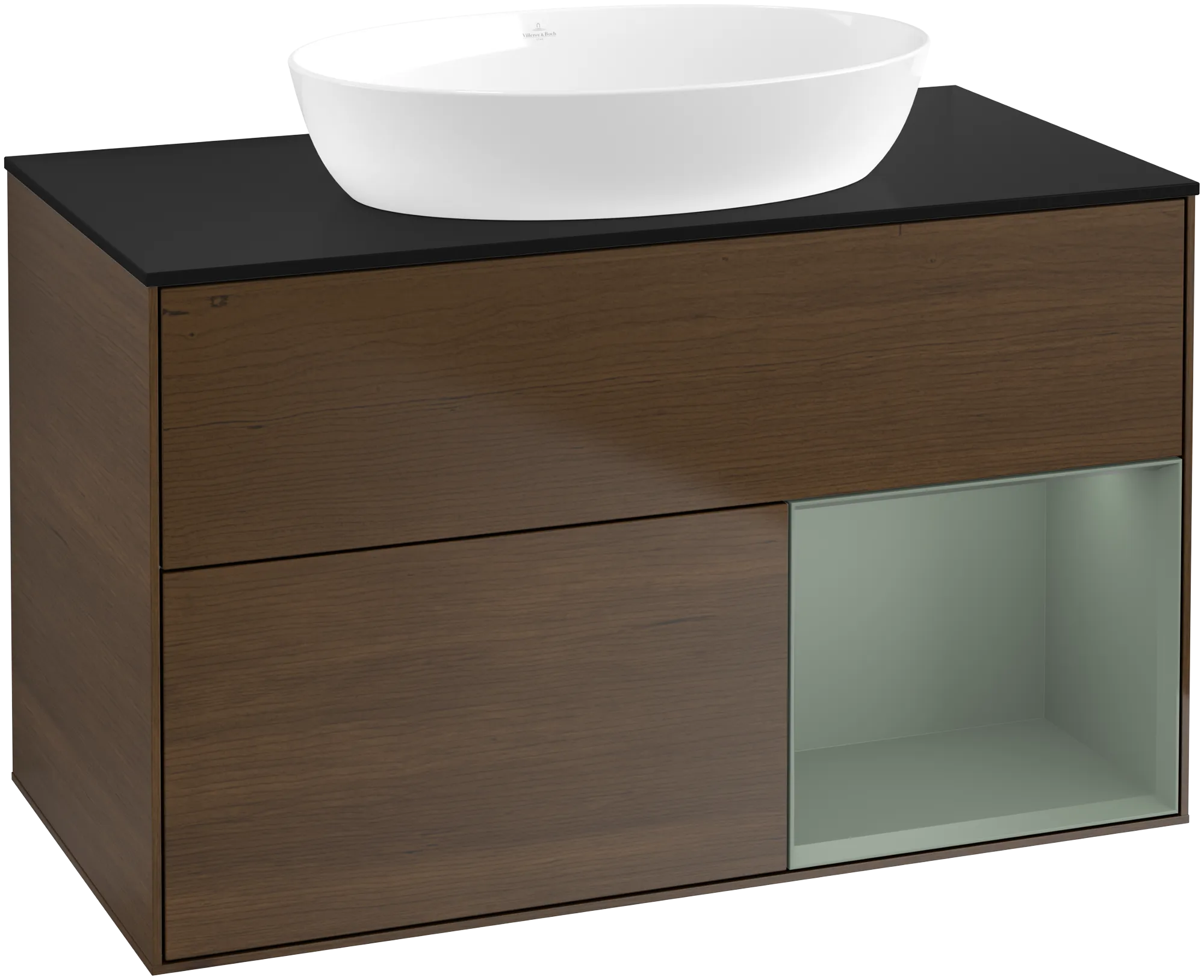 Bild von VILLEROY BOCH Finion Waschbeckenunterschrank, mit Beleuchtung, 2 Auszüge, 1000 x 603 x 501 mm, Walnut Veneer / Olive Matt Lacquer / Glass Black Matt #GA22GMGN
