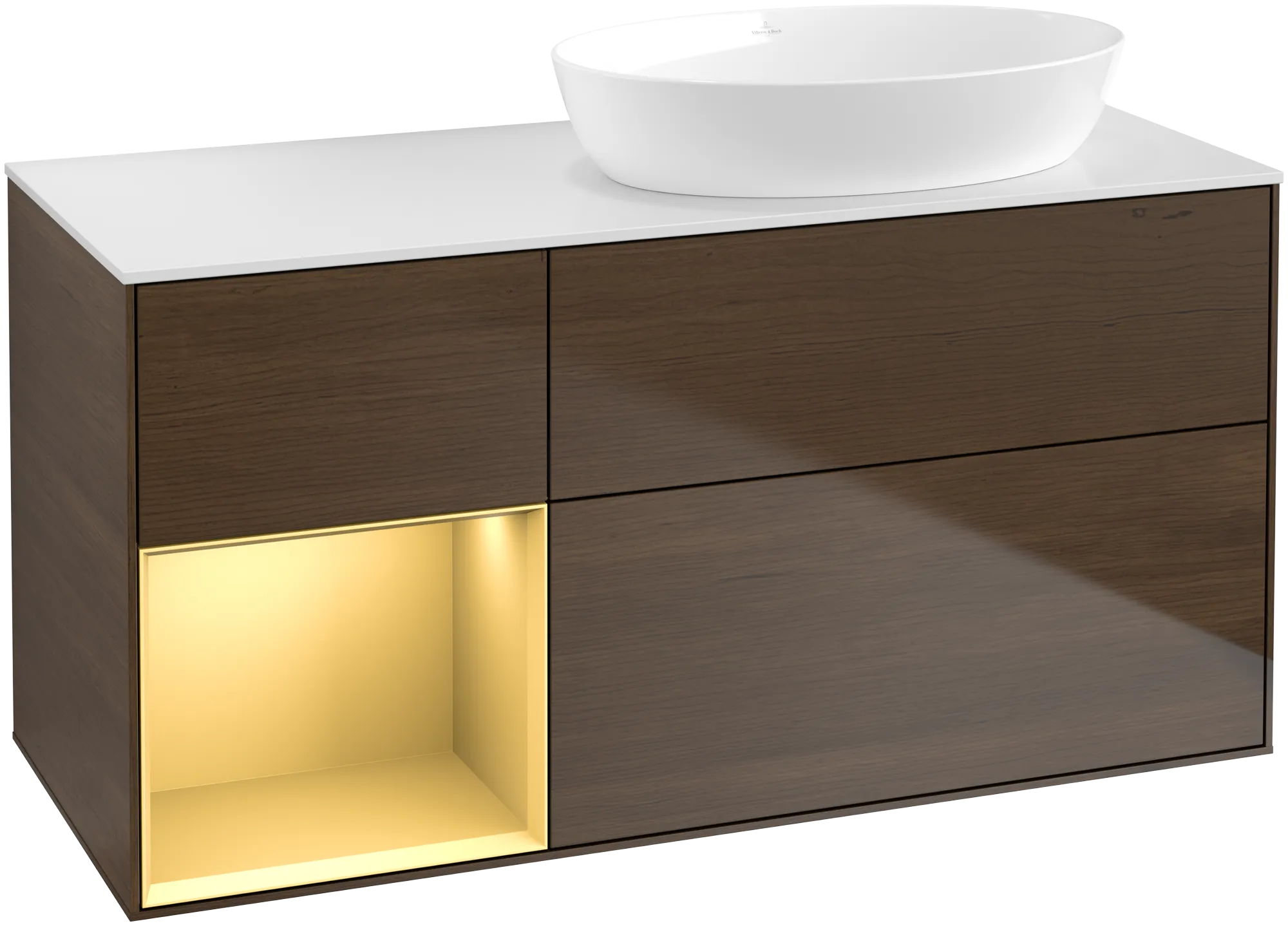 Bild von VILLEROY BOCH Finion Waschbeckenunterschrank, mit Beleuchtung, 3 Auszüge, 1200 x 603 x 501 mm, Walnut Veneer / Gold Matt Lacquer / Glass White Matt #GA41HFGN