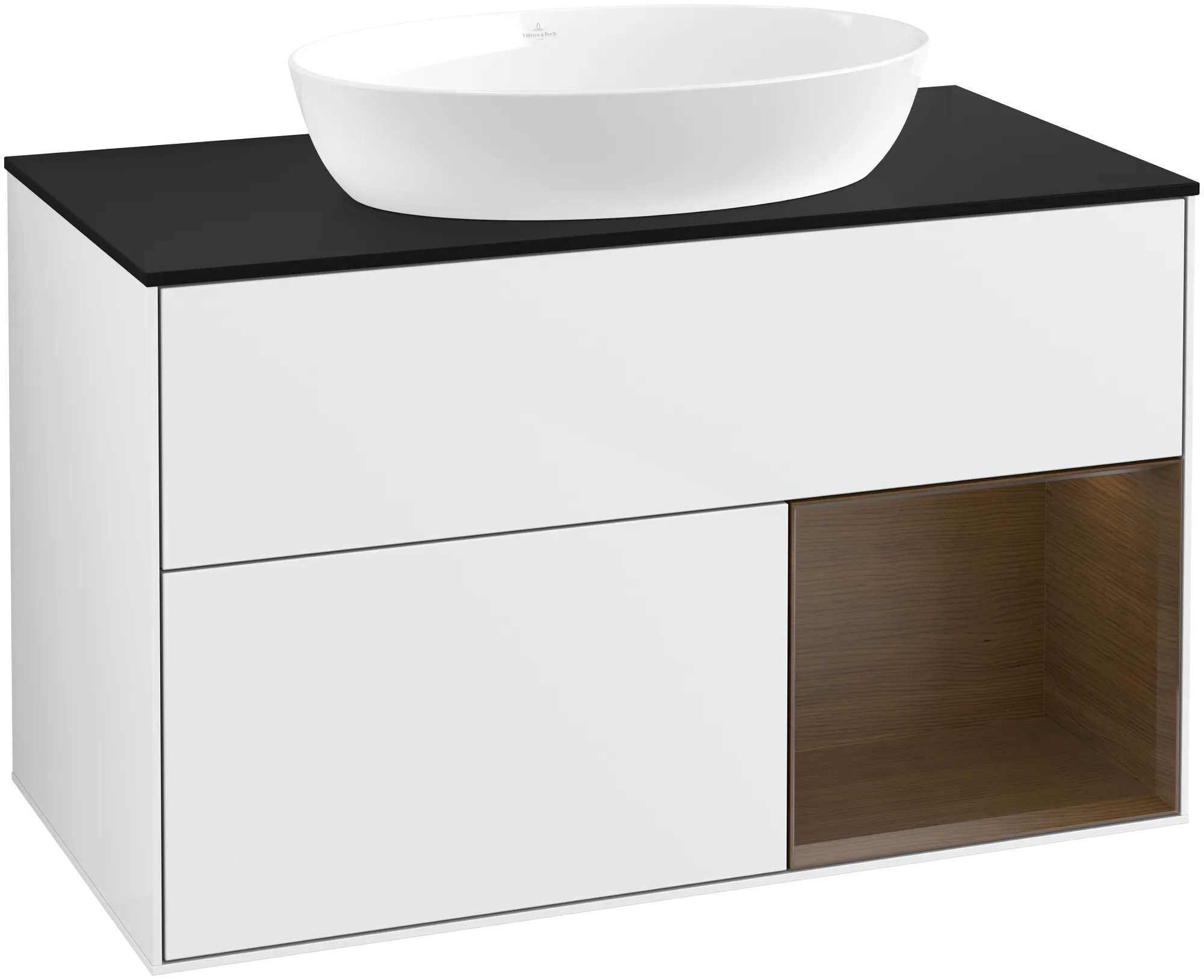 Bild von VILLEROY BOCH Finion Waschbeckenunterschrank, mit Beleuchtung, 2 Auszüge, 1000 x 603 x 501 mm, Glossy White Lacquer / Walnut Veneer / Glass Black Matt #GA22GNGF