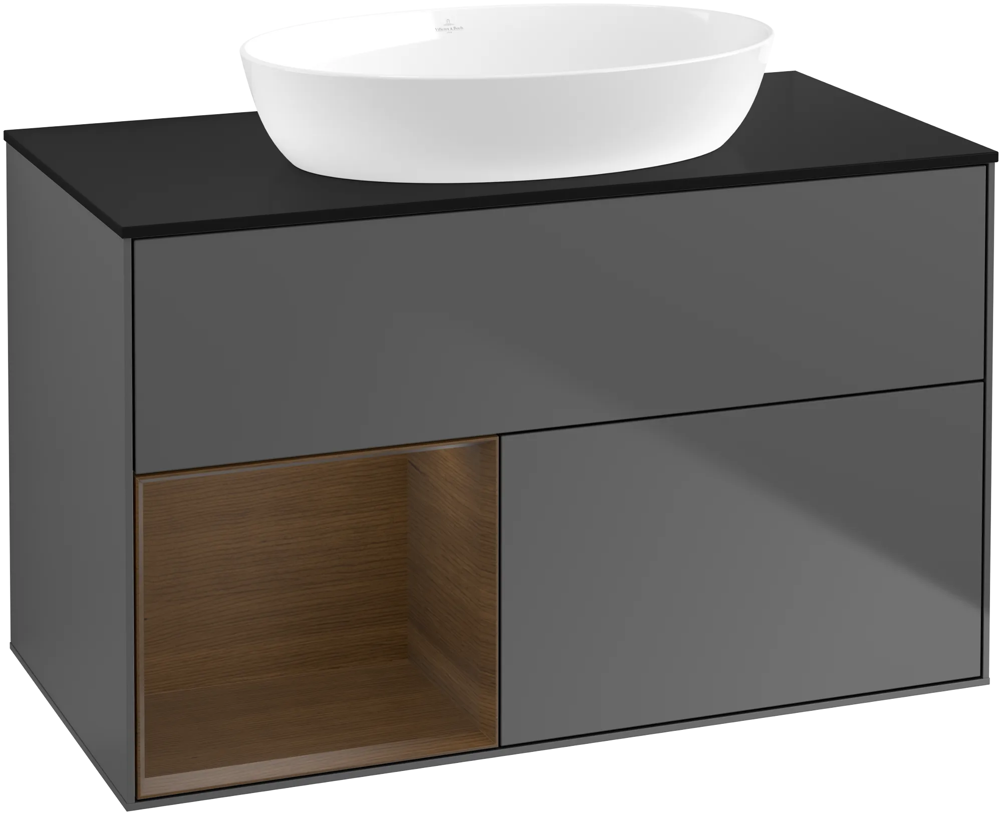 Picture of VILLEROY BOCH Finion Vanity unit, with lighting, 2 pull-out compartments, 1000 x 603 x 501 mm, Anthracite Matt Lacquer / Walnut Veneer / Glass Black Matt #GA12GNGK