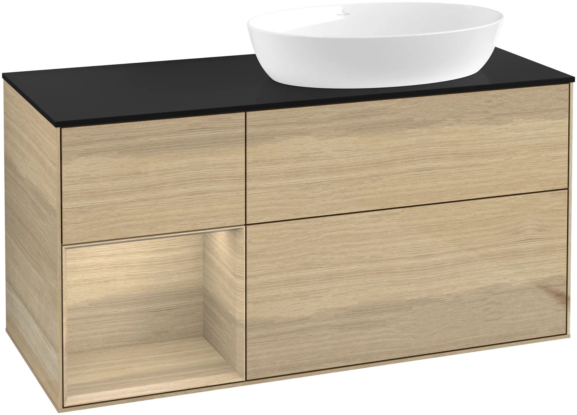 Bild von VILLEROY BOCH Finion Waschbeckenunterschrank, mit Beleuchtung, 3 Auszüge, 1200 x 603 x 501 mm, Oak Veneer / Oak Veneer / Glass Black Matt #GA42PCPC