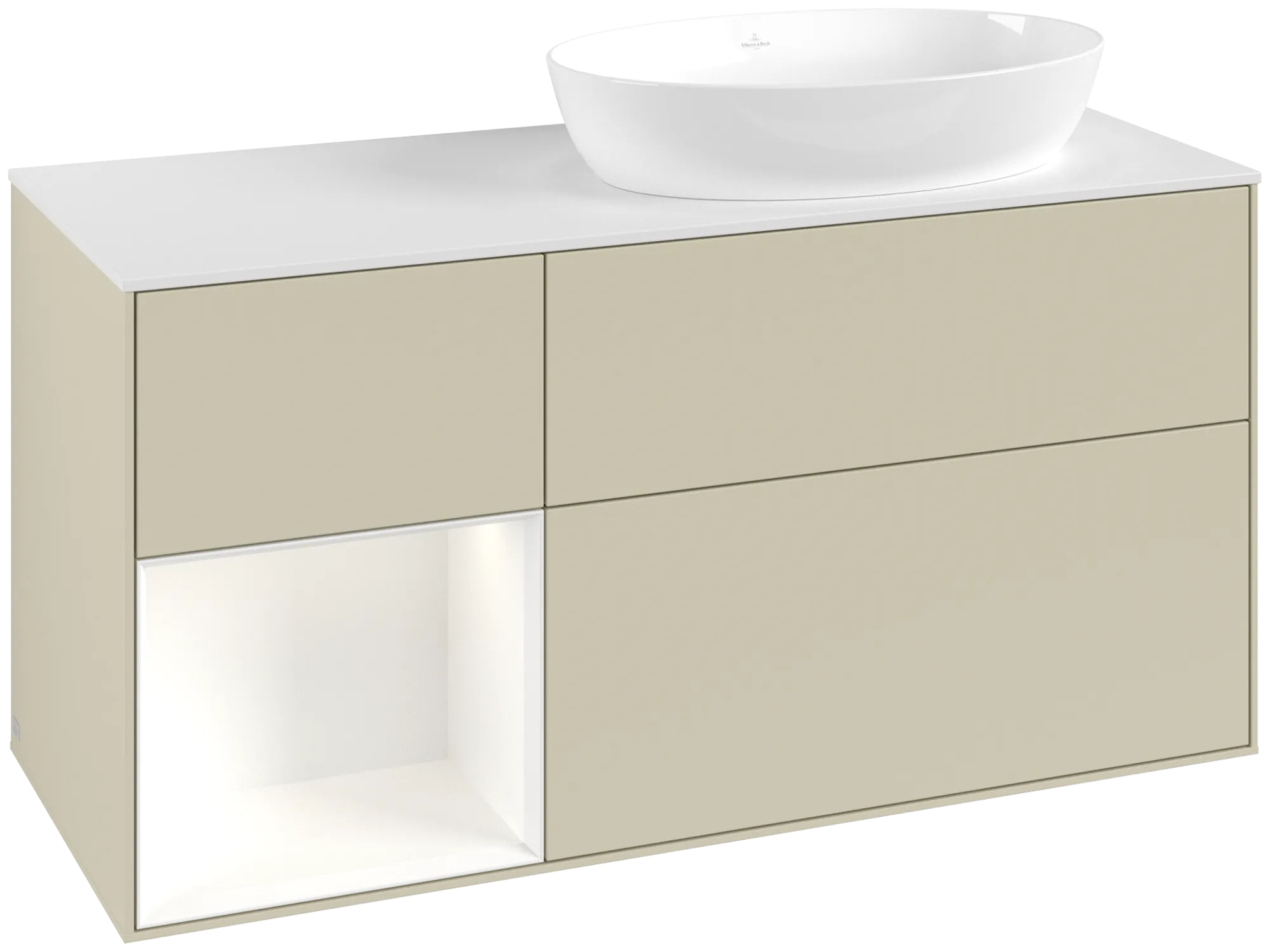 Bild von VILLEROY BOCH Finion Waschbeckenunterschrank, mit Beleuchtung, 3 Auszüge, 1200 x 603 x 501 mm, Silk Grey Matt Lacquer / White Matt Lacquer / Glass White Matt #GA41MTHJ