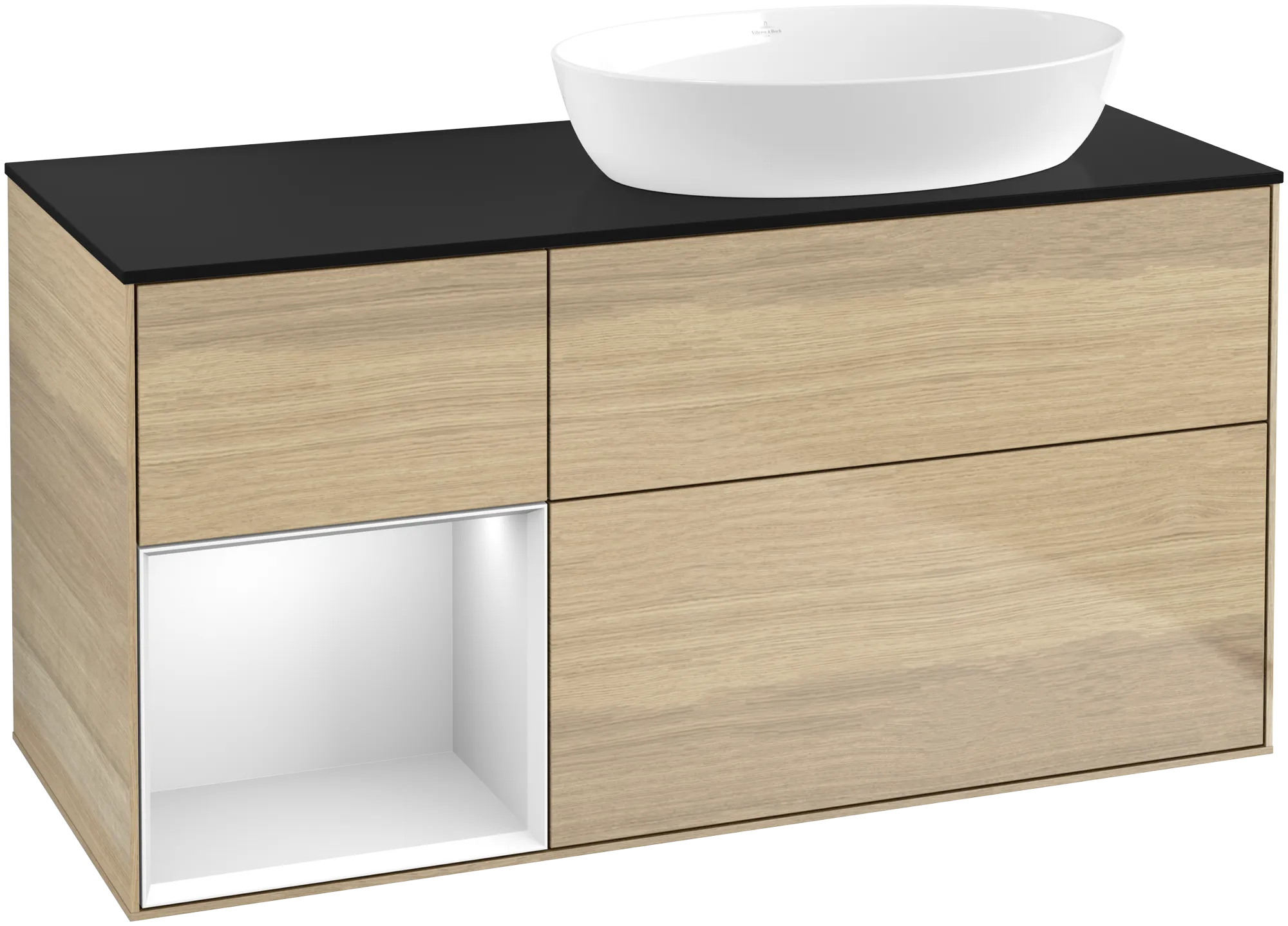 Bild von VILLEROY BOCH Finion Waschbeckenunterschrank, mit Beleuchtung, 3 Auszüge, 1200 x 603 x 501 mm, Oak Veneer / White Matt Lacquer / Glass Black Matt #GA42MTPC