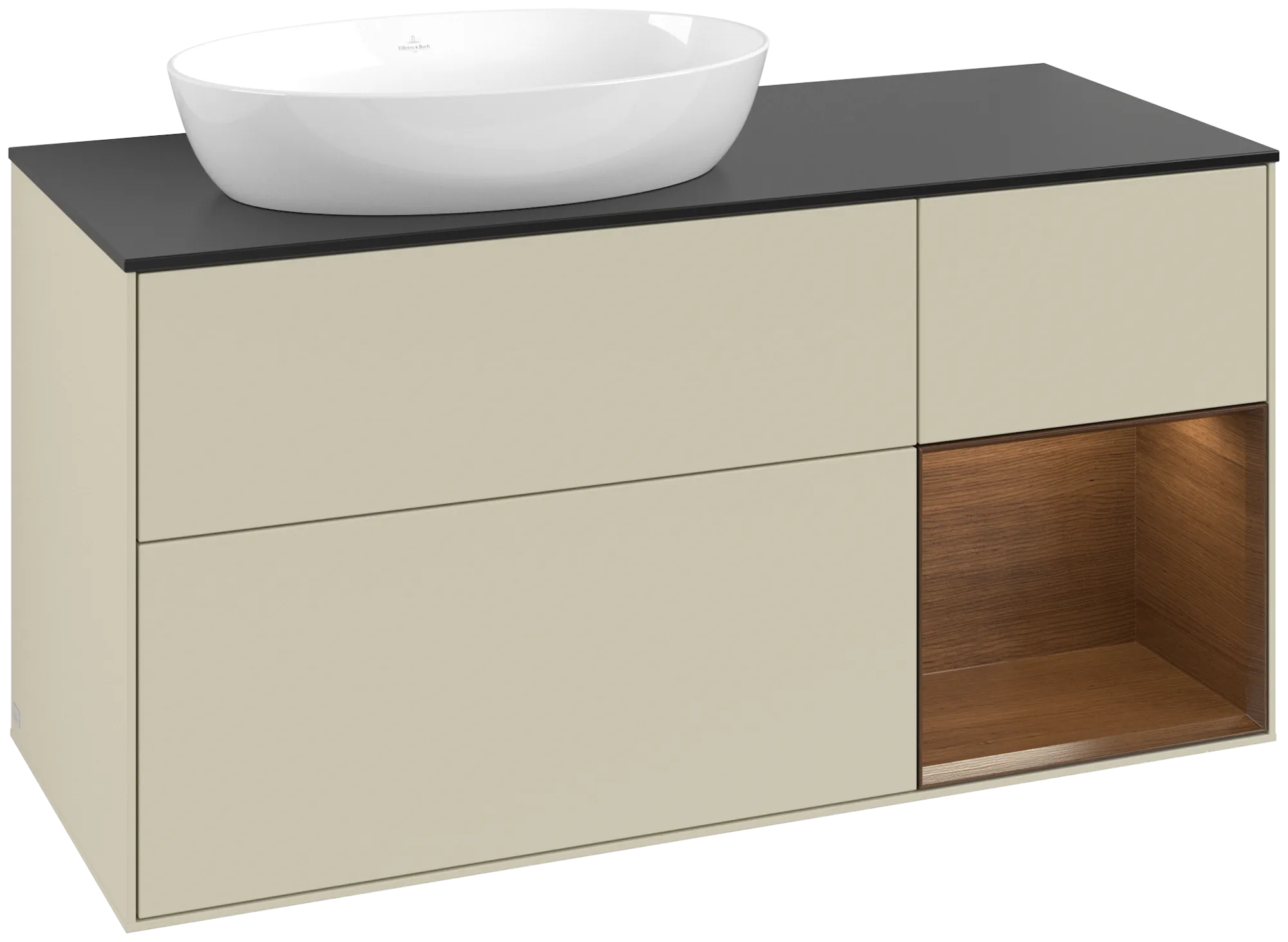 Bild von VILLEROY BOCH Finion Waschbeckenunterschrank, mit Beleuchtung, 3 Auszüge, 1200 x 603 x 501 mm, Silk Grey Matt Lacquer / Walnut Veneer / Glass Black Matt #GA52GNHJ
