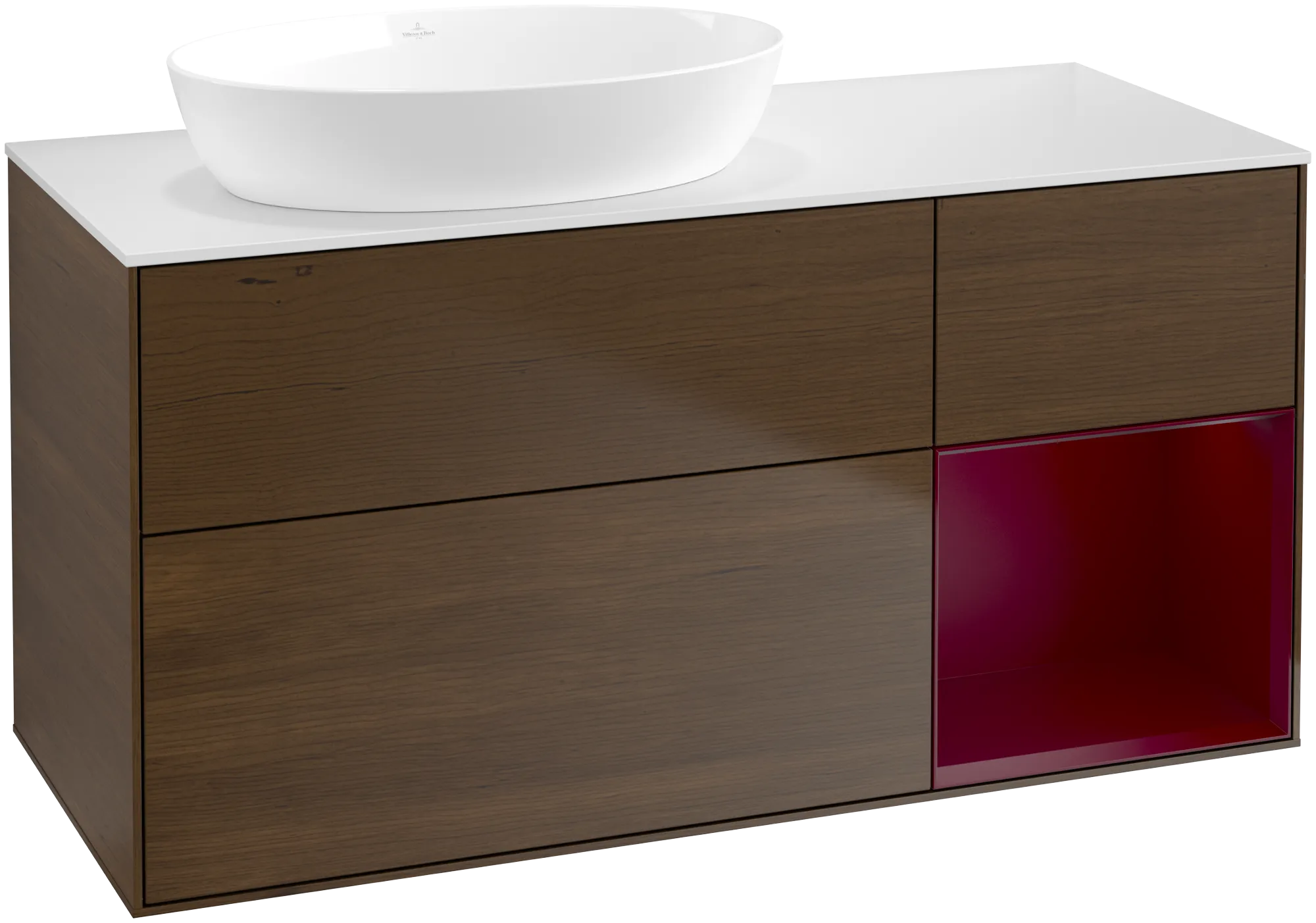 Picture of VILLEROY BOCH Finion Vanity unit, with lighting, 3 pull-out compartments, 1200 x 603 x 501 mm, Walnut Veneer / Peony Matt Lacquer / Glass White Matt #GA51HBGN