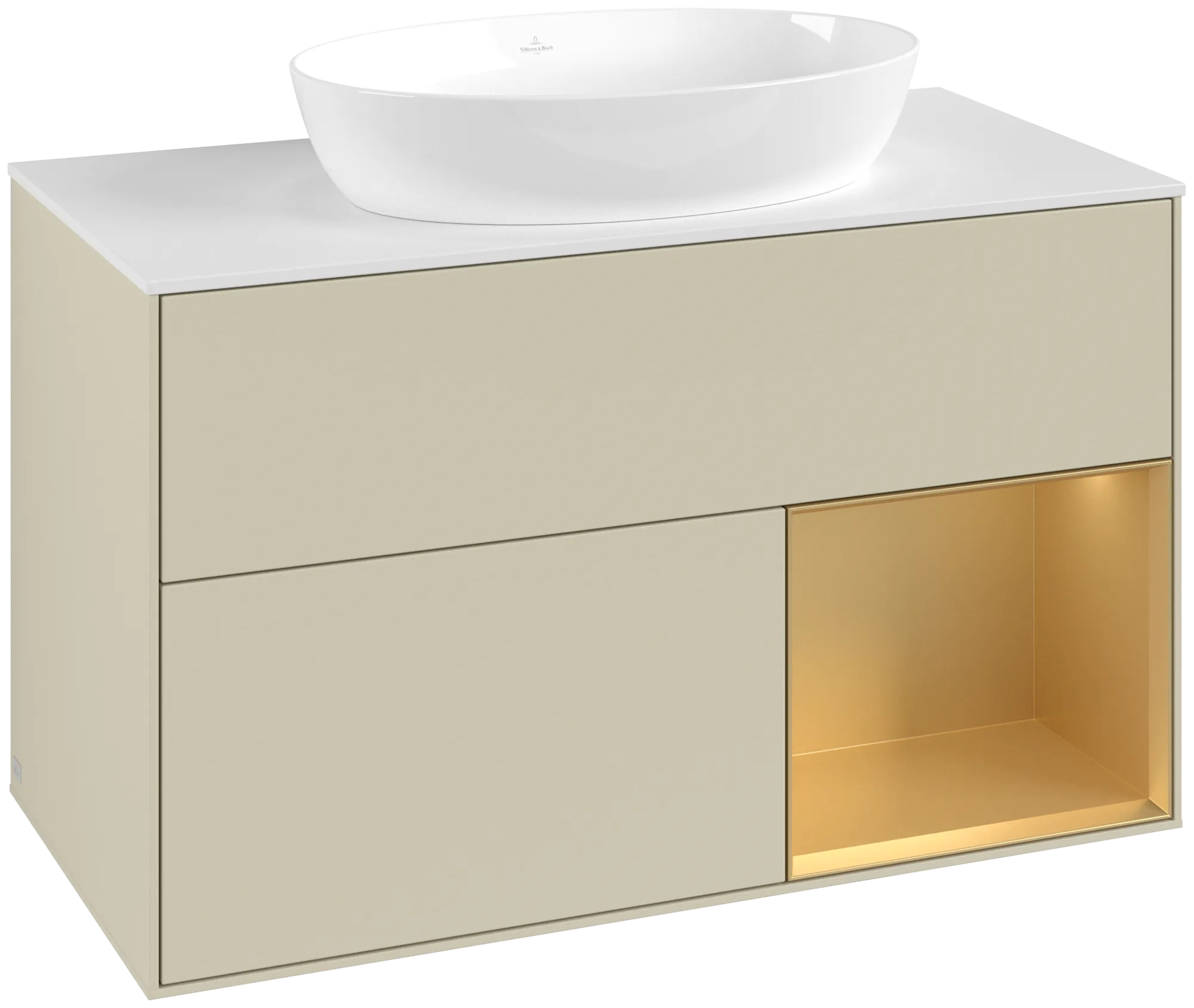 Bild von VILLEROY BOCH Finion Waschbeckenunterschrank, mit Beleuchtung, 2 Auszüge, 1000 x 603 x 501 mm, Silk Grey Matt Lacquer / Gold Matt Lacquer / Glass White Matt #GA21HFHJ