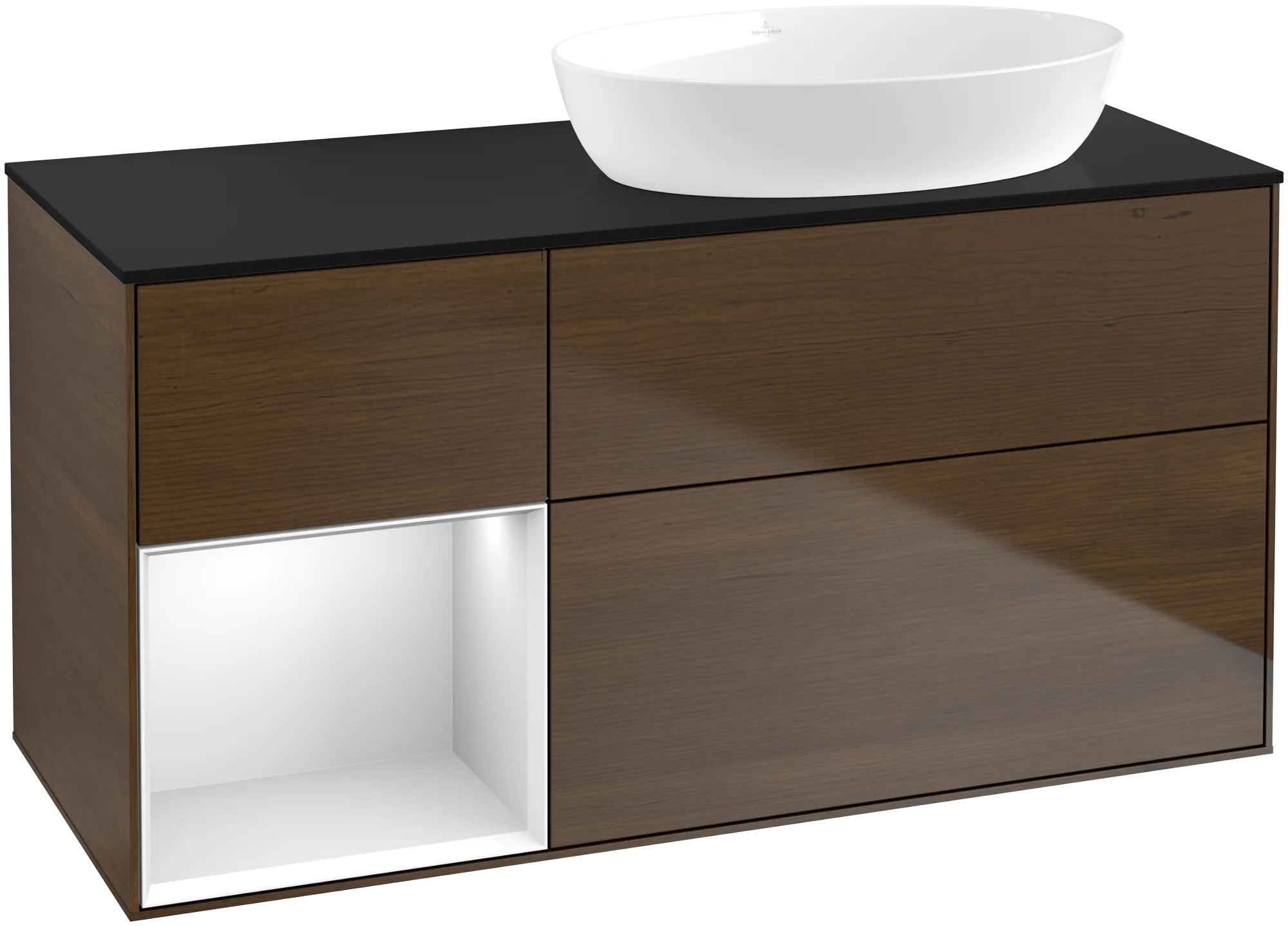 Bild von VILLEROY BOCH Finion Waschbeckenunterschrank, mit Beleuchtung, 3 Auszüge, 1200 x 603 x 501 mm, Walnut Veneer / White Matt Lacquer / Glass Black Matt #GA42MTGN