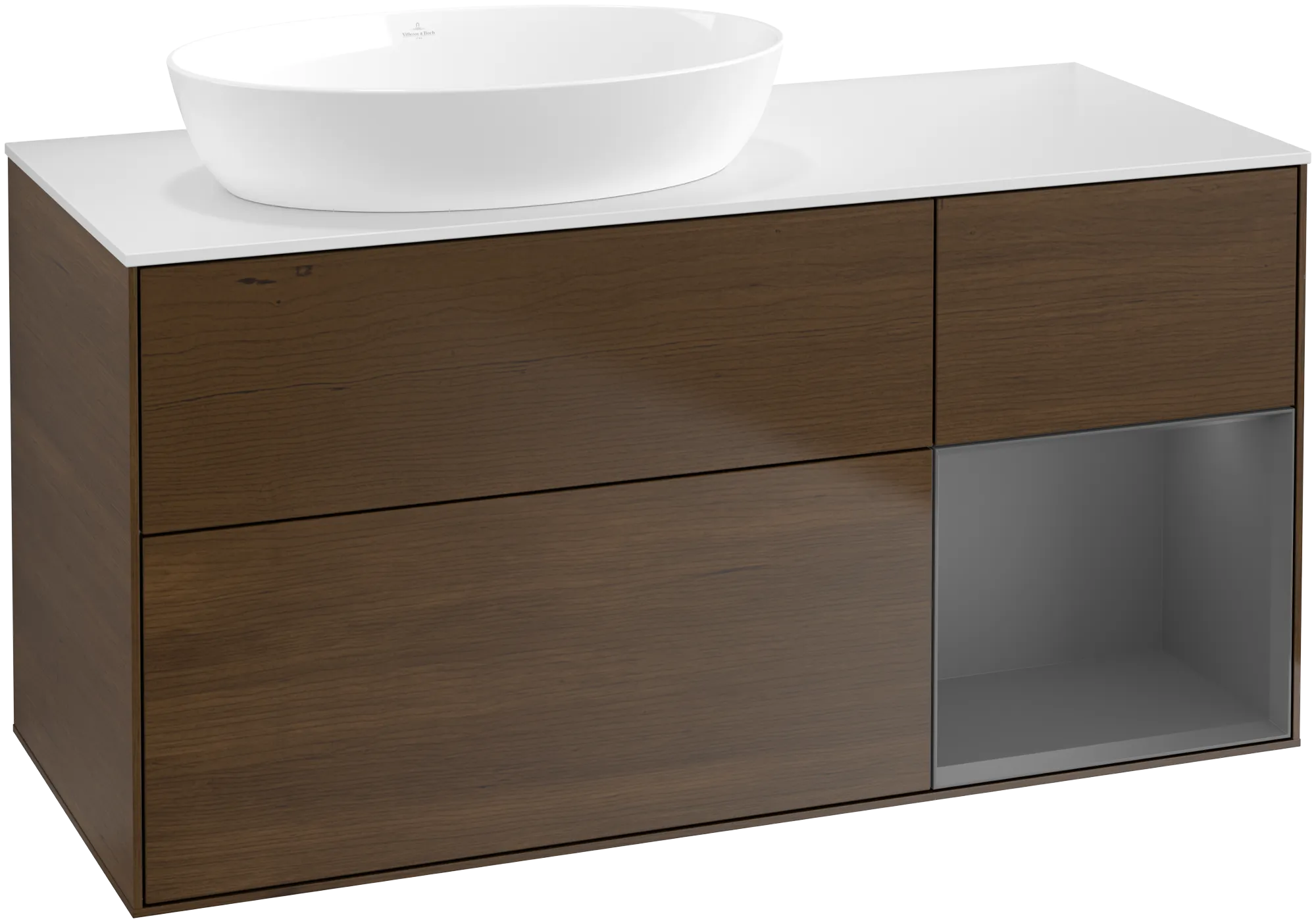 Bild von VILLEROY BOCH Finion Waschbeckenunterschrank, mit Beleuchtung, 3 Auszüge, 1200 x 603 x 501 mm, Walnut Veneer / Anthracite Matt Lacquer / Glass White Matt #GA51GKGN