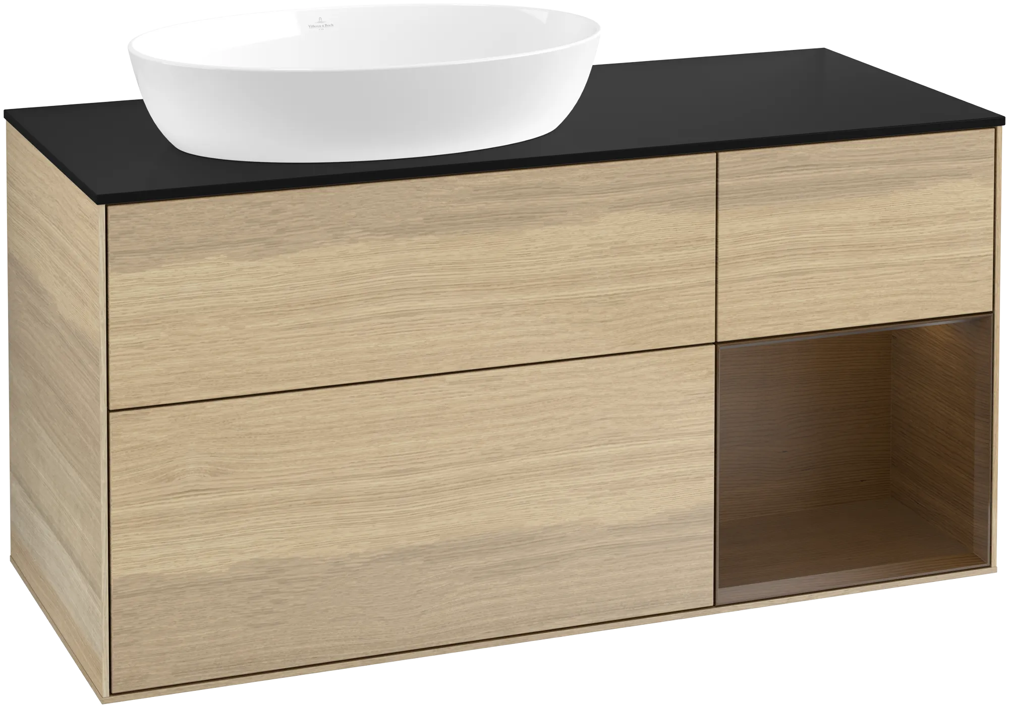 Bild von VILLEROY BOCH Finion Waschbeckenunterschrank, mit Beleuchtung, 3 Auszüge, 1200 x 603 x 501 mm, Oak Veneer / Walnut Veneer / Glass Black Matt #GA52GNPC