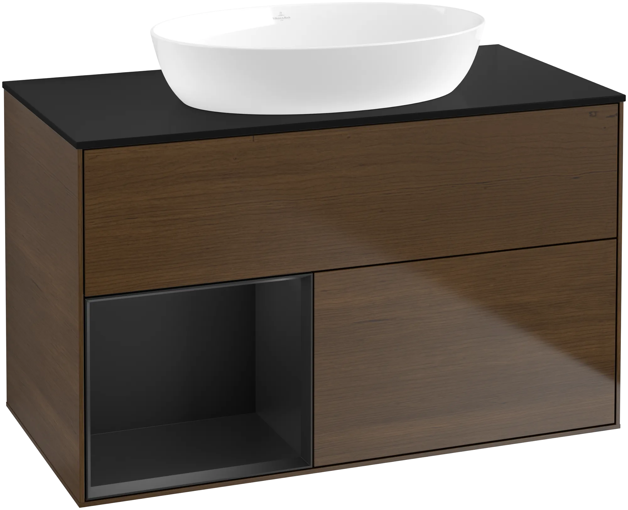 Obrázek VILLEROY BOCH Finion Vanity unit, with lighting, 2 pull-out compartments, 1000 x 603 x 501 mm, Walnut Veneer / Black Matt Lacquer / Glass Black Matt #GA12PDGN
