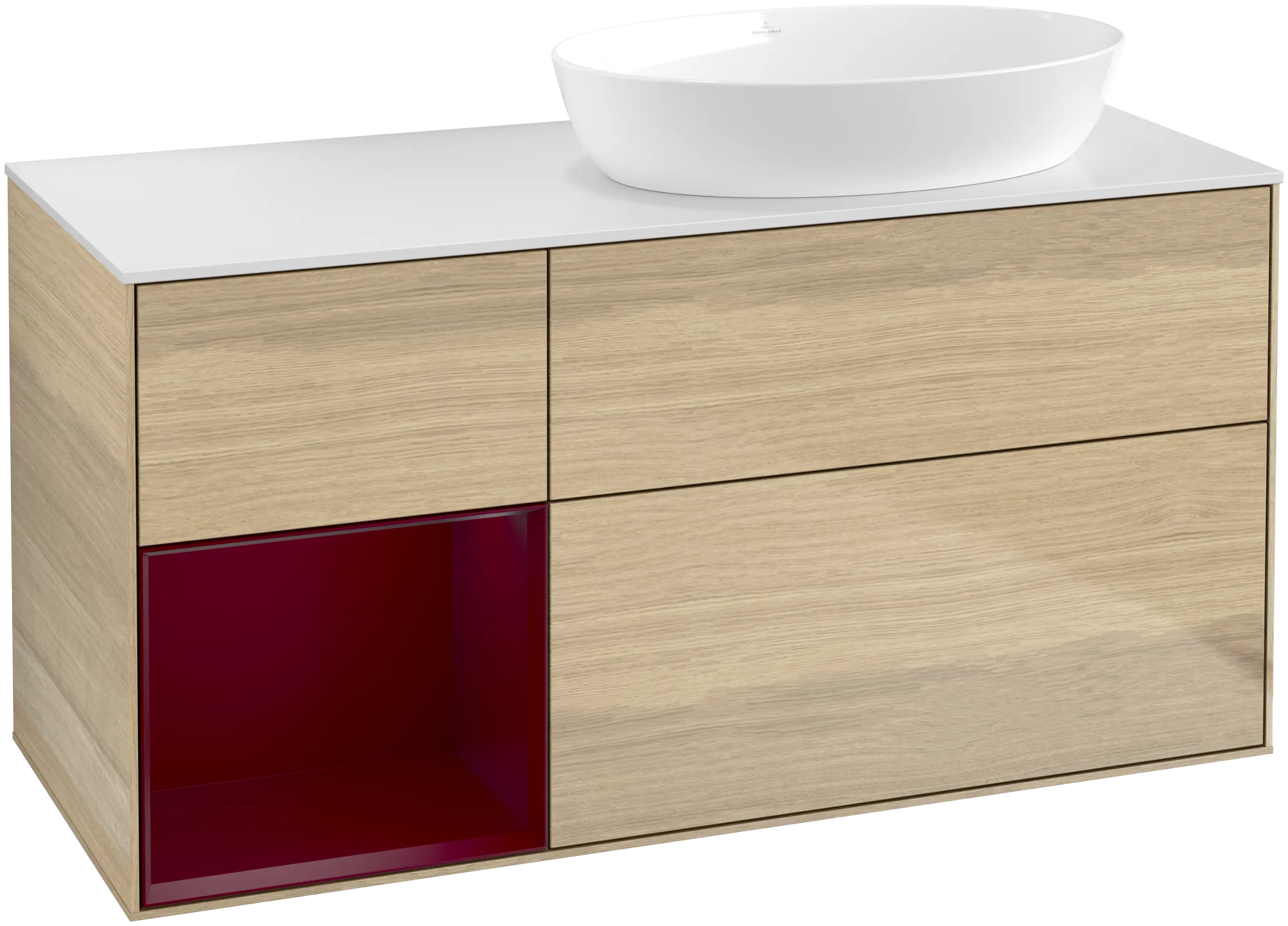 Bild von VILLEROY BOCH Finion Waschbeckenunterschrank, mit Beleuchtung, 3 Auszüge, 1200 x 603 x 501 mm, Oak Veneer / Peony Matt Lacquer / Glass White Matt #GA41HBPC