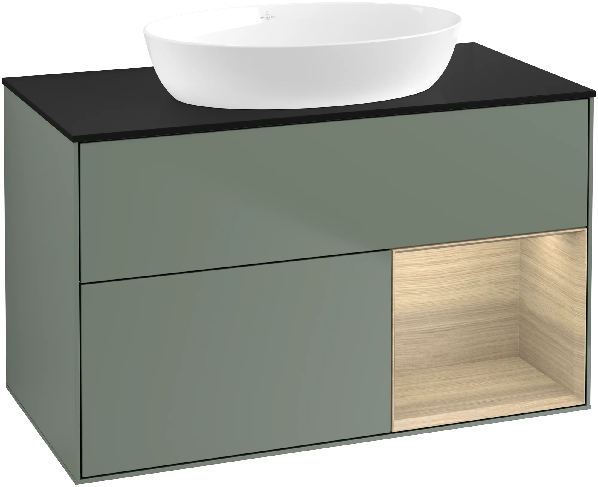Obrázek VILLEROY BOCH Finion Vanity unit, with lighting, 2 pull-out compartments, 1000 x 603 x 501 mm, Olive Matt Lacquer / Oak Veneer / Glass Black Matt #GA22PCGM
