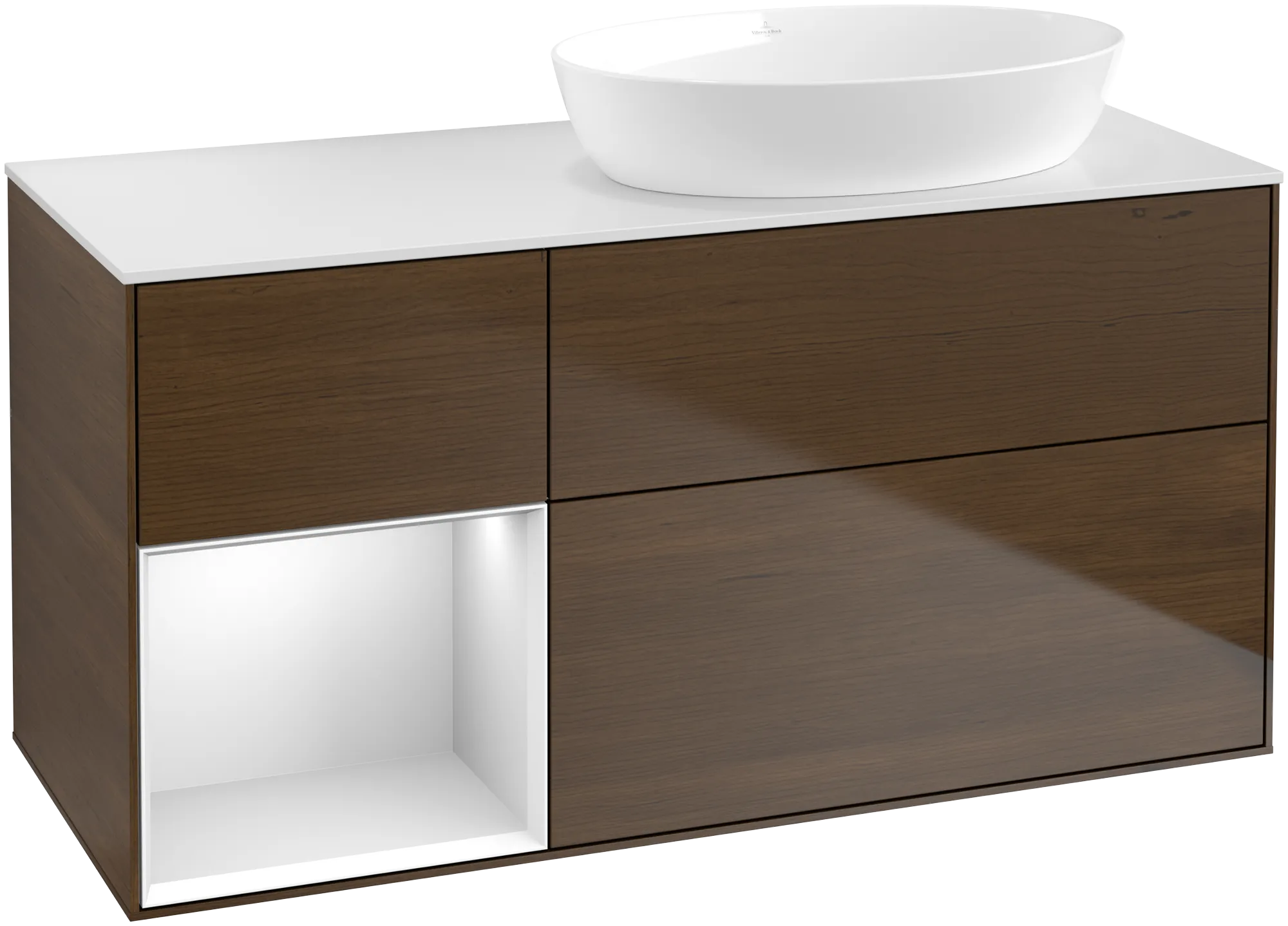 Obrázek VILLEROY BOCH Finion Vanity unit, with lighting, 3 pull-out compartments, 1200 x 603 x 501 mm, Walnut Veneer / White Matt Lacquer / Glass White Matt #GA41MTGN