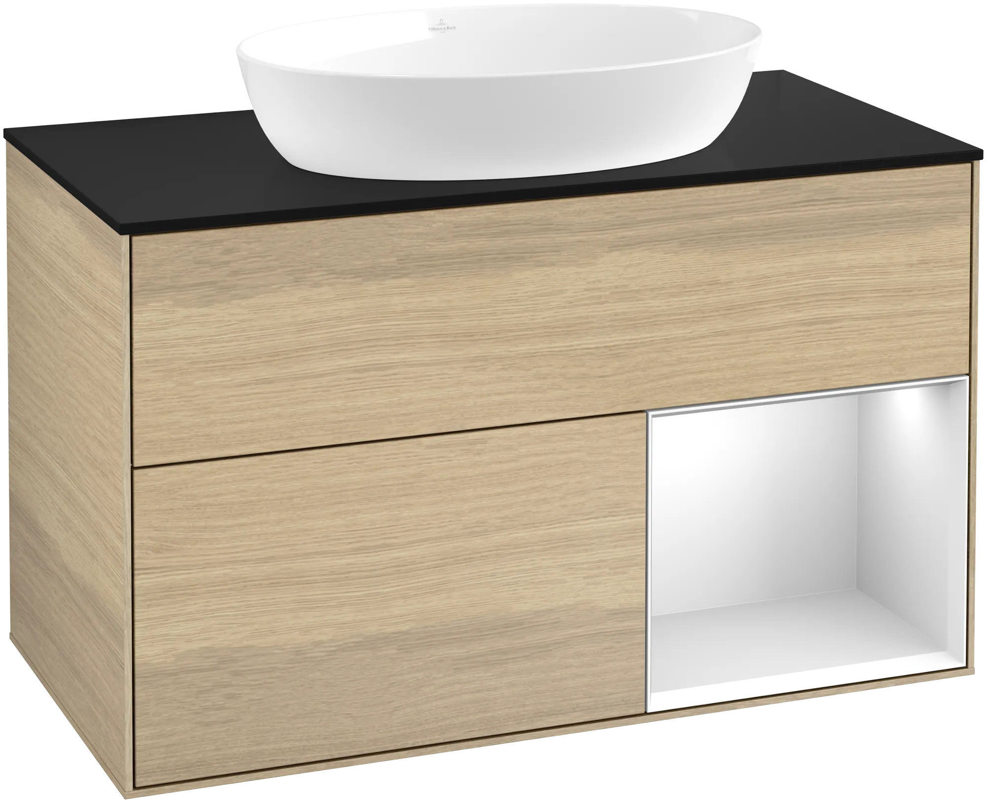 Bild von VILLEROY BOCH Finion Waschbeckenunterschrank, mit Beleuchtung, 2 Auszüge, 1000 x 603 x 501 mm, Oak Veneer / White Matt Lacquer / Glass Black Matt #GA22MTPC