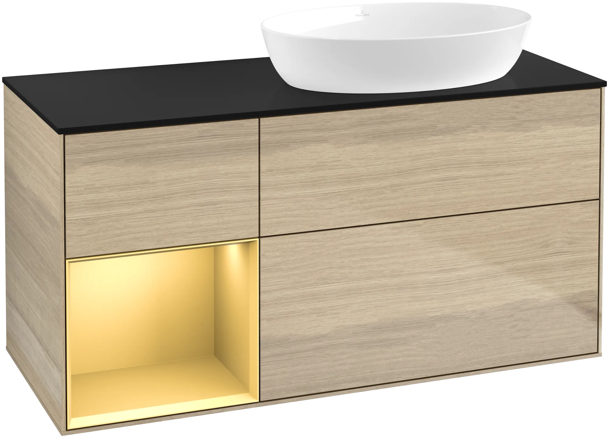 Bild von VILLEROY BOCH Finion Waschbeckenunterschrank, mit Beleuchtung, 3 Auszüge, 1200 x 603 x 501 mm, Oak Veneer / Gold Matt Lacquer / Glass Black Matt #GA42HFPC