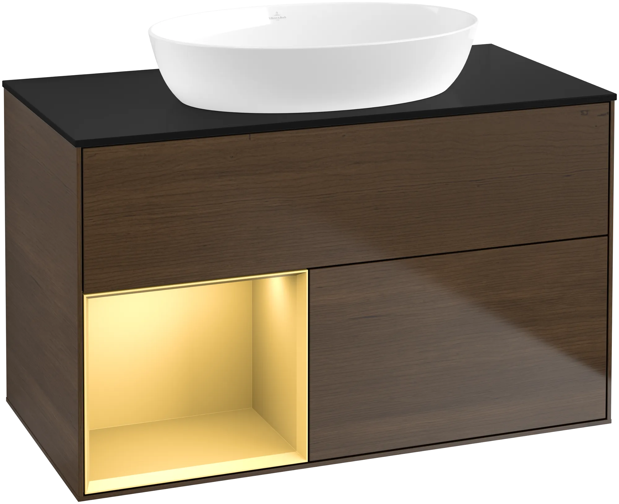 Bild von VILLEROY BOCH Finion Waschbeckenunterschrank, mit Beleuchtung, 2 Auszüge, 1000 x 603 x 501 mm, Walnut Veneer / Gold Matt Lacquer / Glass Black Matt #GA12HFGN