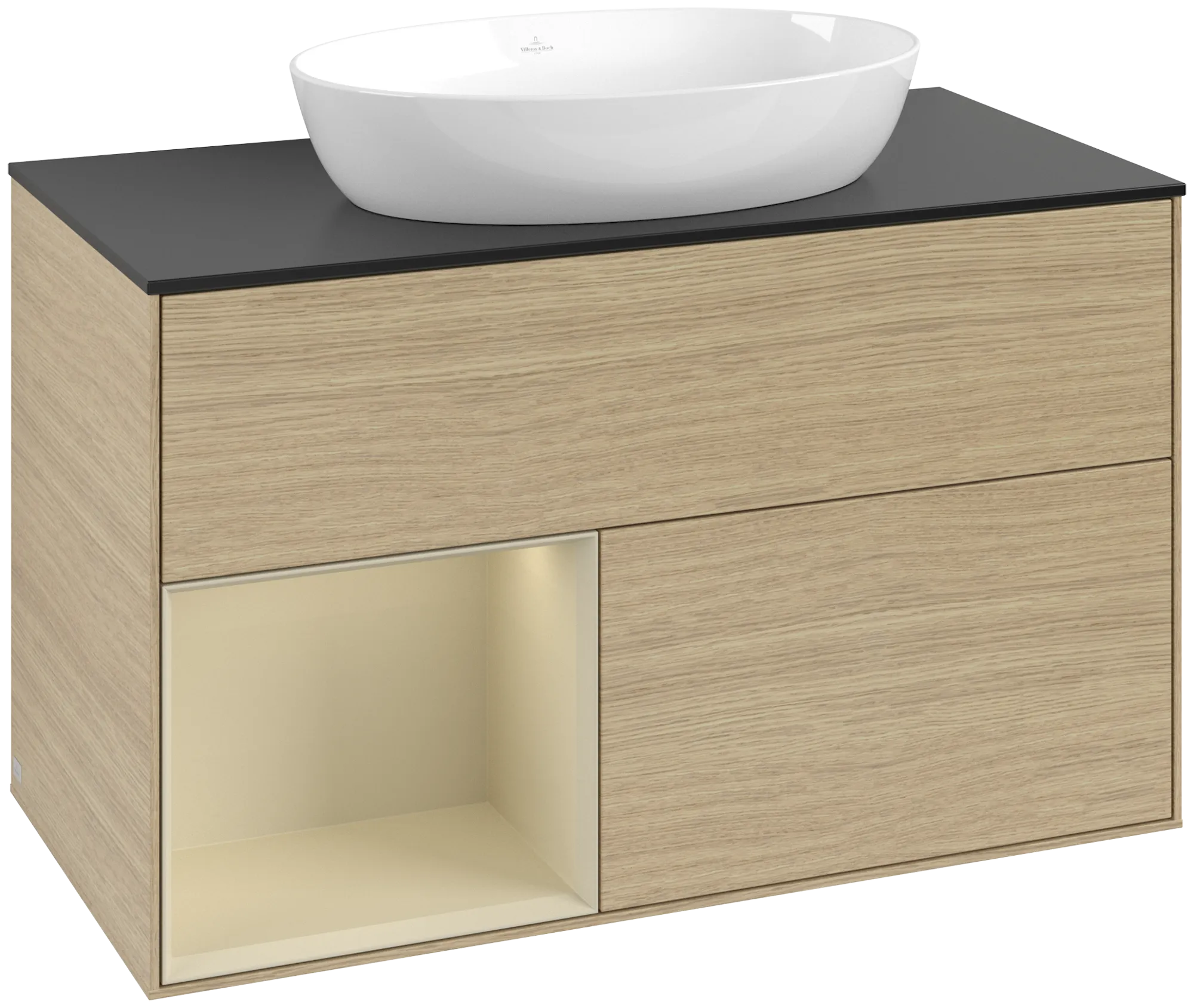 Bild von VILLEROY BOCH Finion Waschbeckenunterschrank, mit Beleuchtung, 2 Auszüge, 1000 x 603 x 501 mm, Oak Veneer / Silk Grey Matt Lacquer / Glass Black Matt #GA12HJPC