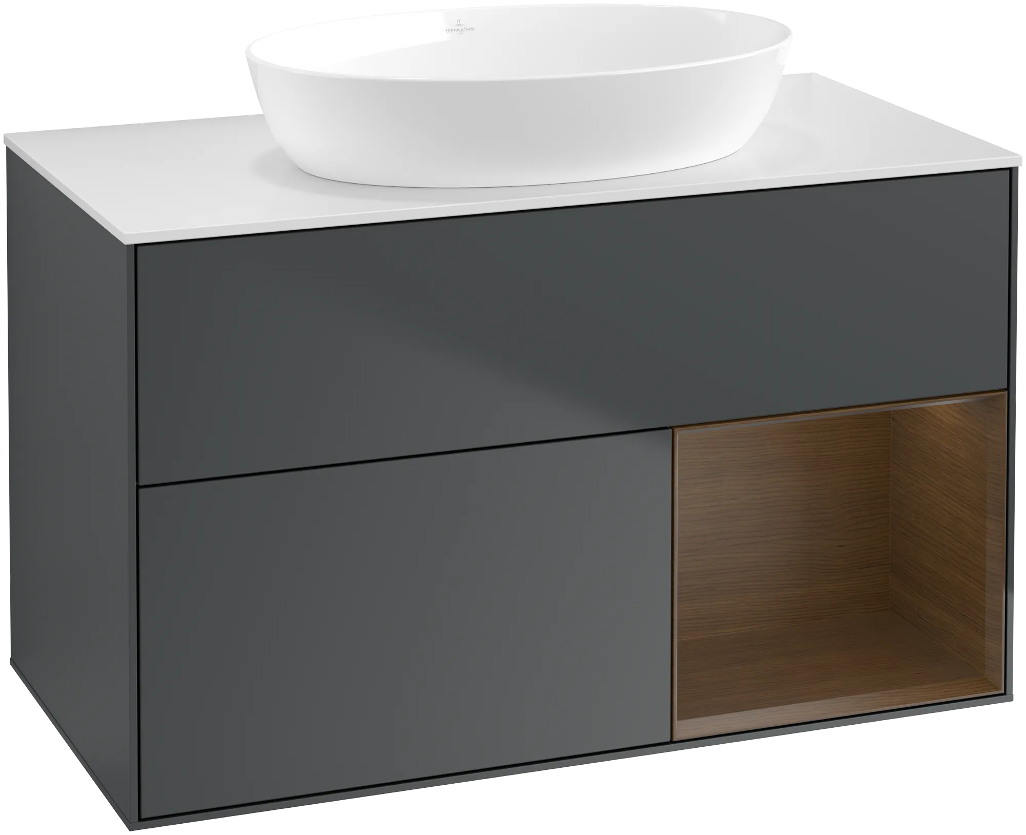 Bild von VILLEROY BOCH Finion Waschbeckenunterschrank, mit Beleuchtung, 2 Auszüge, 1000 x 603 x 501 mm, Midnight Blue Matt Lacquer / Walnut Veneer / Glass White Matt #GA21GNHG