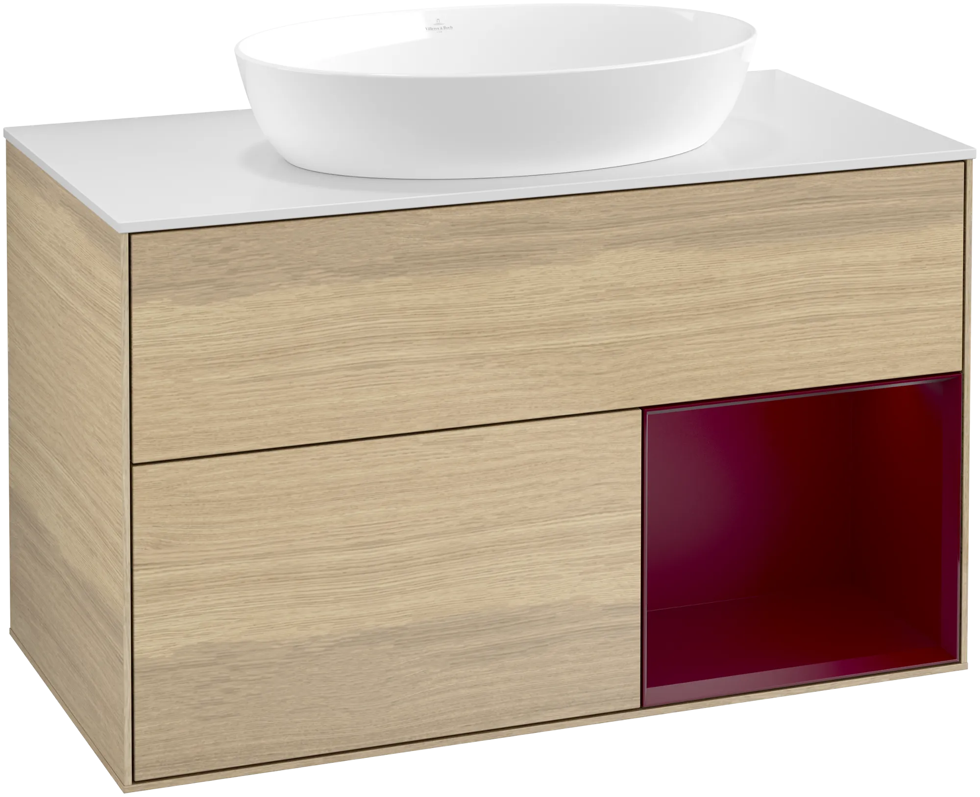 Bild von VILLEROY BOCH Finion Waschbeckenunterschrank, mit Beleuchtung, 2 Auszüge, 1000 x 603 x 501 mm, Oak Veneer / Peony Matt Lacquer / Glass White Matt #GA21HBPC