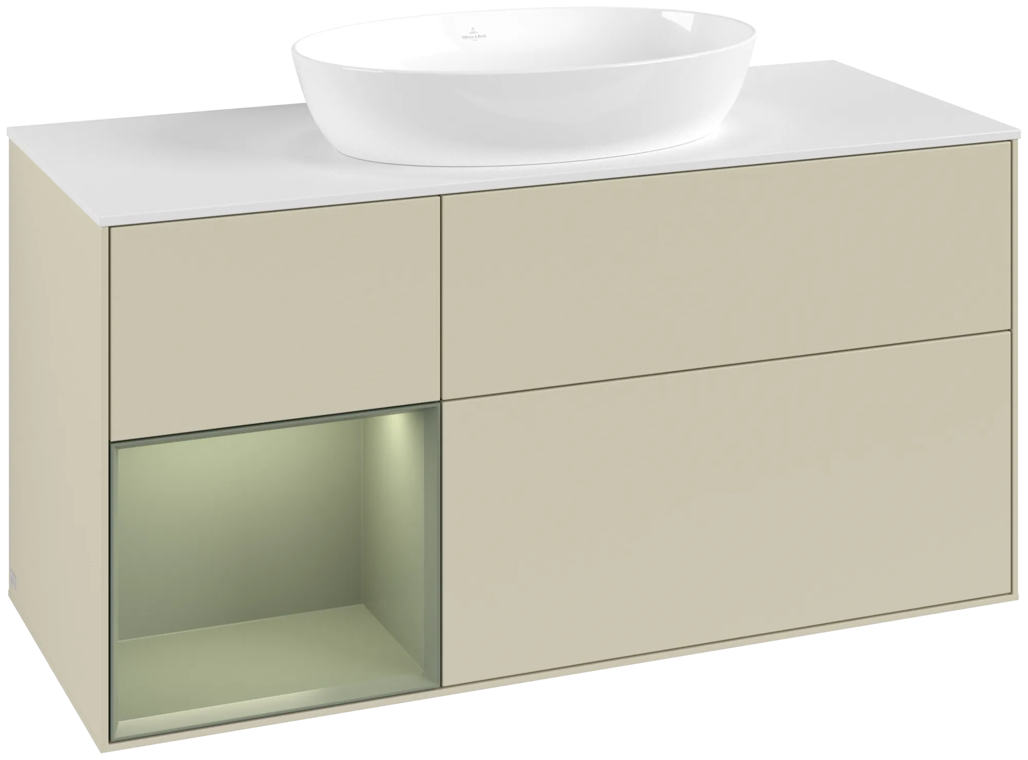 Bild von VILLEROY BOCH Finion Waschbeckenunterschrank, mit Beleuchtung, 3 Auszüge, 1200 x 603 x 501 mm, Silk Grey Matt Lacquer / Olive Matt Lacquer / Glass White Matt #GA61GMHJ