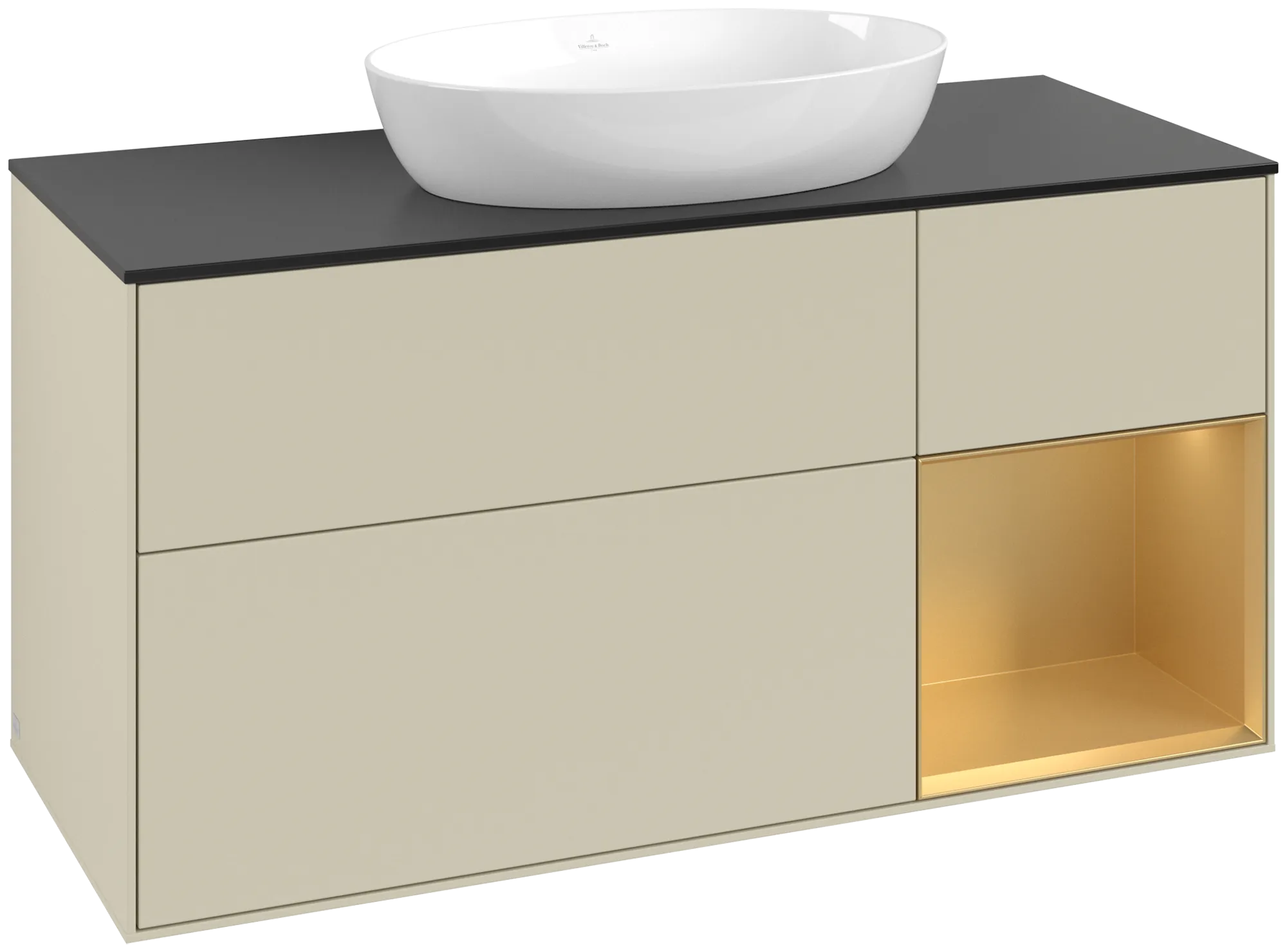 Bild von VILLEROY BOCH Finion Waschbeckenunterschrank, mit Beleuchtung, 3 Auszüge, 1200 x 603 x 501 mm, Silk Grey Matt Lacquer / Gold Matt Lacquer / Glass Black Matt #GA72HFHJ