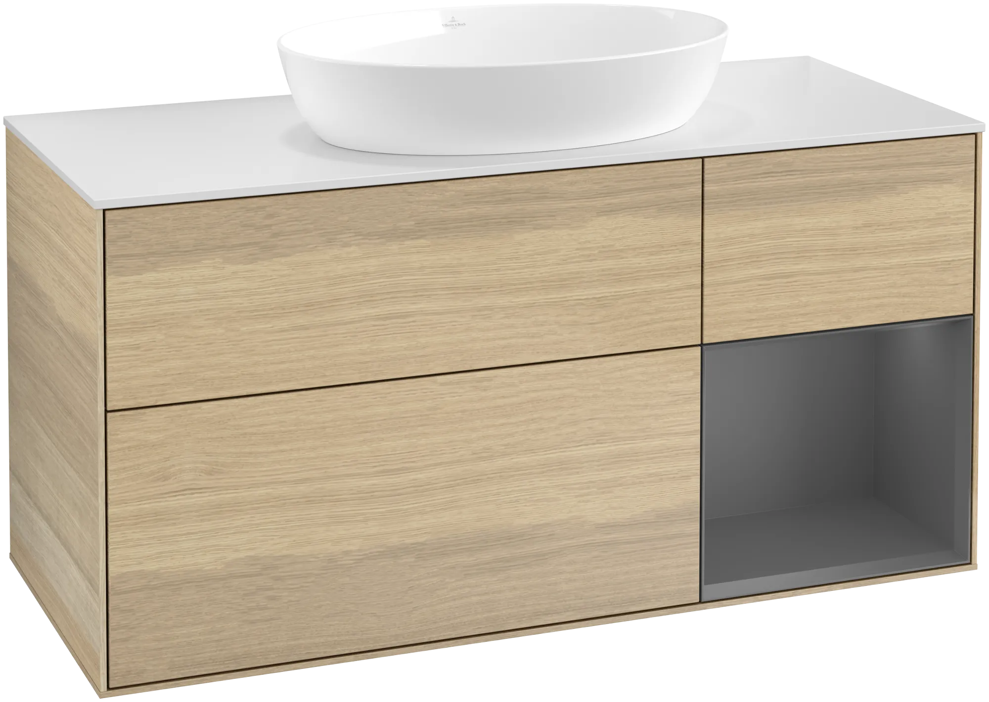Bild von VILLEROY BOCH Finion Waschbeckenunterschrank, mit Beleuchtung, 3 Auszüge, 1200 x 603 x 501 mm, Oak Veneer / Anthracite Matt Lacquer / Glass White Matt #GA71GKPC