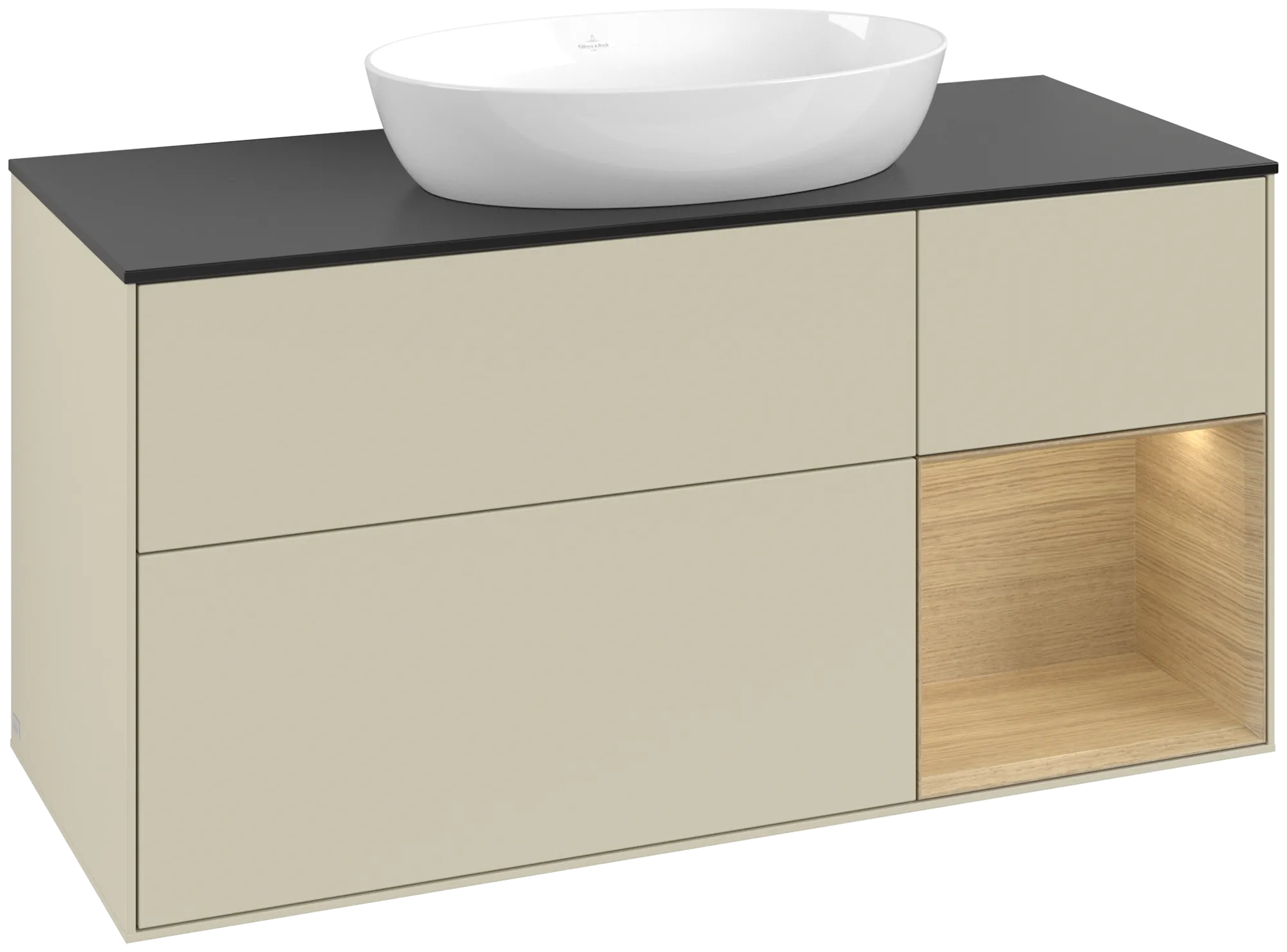 Bild von VILLEROY BOCH Finion Waschbeckenunterschrank, mit Beleuchtung, 3 Auszüge, 1200 x 603 x 501 mm, Silk Grey Matt Lacquer / Oak Veneer / Glass Black Matt #GA72PCHJ