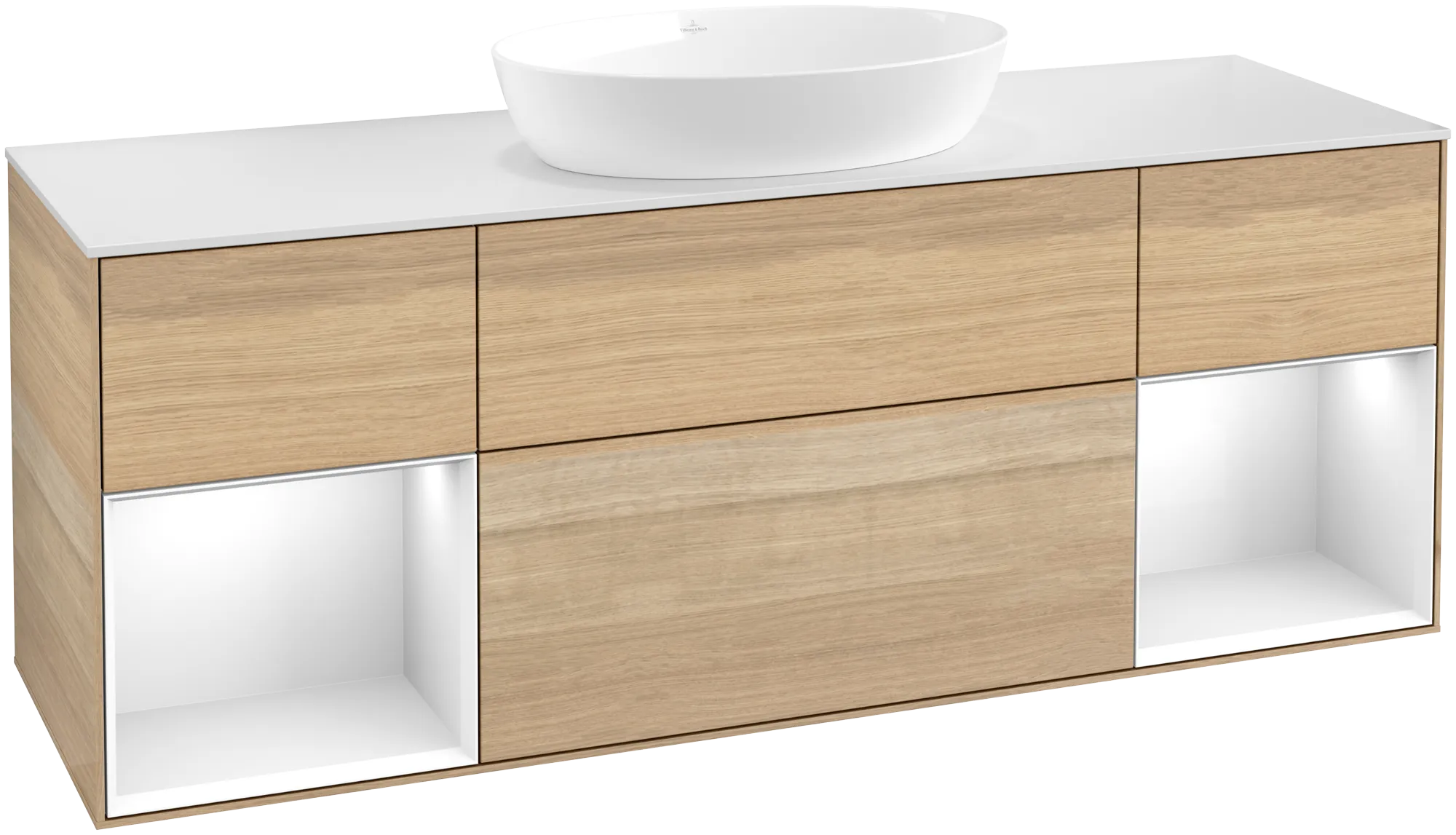 Bild von VILLEROY BOCH Finion Waschbeckenunterschrank, mit Beleuchtung, 4 Auszüge, 1600 x 603 x 501 mm, Oak Veneer / Glossy White Lacquer / Glass White Matt #GD01GFPC