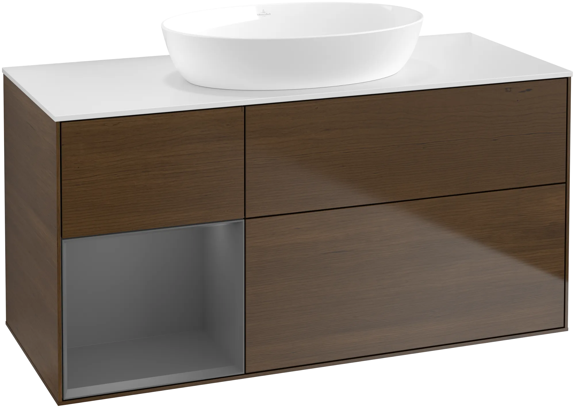 Bild von VILLEROY BOCH Finion Waschbeckenunterschrank, mit Beleuchtung, 3 Auszüge, 1200 x 603 x 501 mm, Walnut Veneer / Anthracite Matt Lacquer / Glass White Matt #GA61GKGN