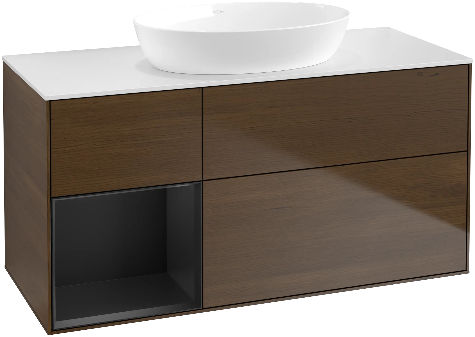 Bild von VILLEROY BOCH Finion Waschbeckenunterschrank, mit Beleuchtung, 3 Auszüge, 1200 x 603 x 501 mm, Walnut Veneer / Black Matt Lacquer / Glass White Matt #GA61PDGN