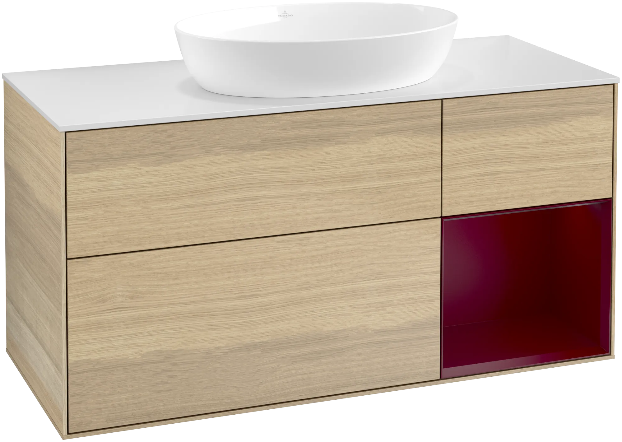 Bild von VILLEROY BOCH Finion Waschbeckenunterschrank, mit Beleuchtung, 3 Auszüge, 1200 x 603 x 501 mm, Oak Veneer / Peony Matt Lacquer / Glass White Matt #GA71HBPC