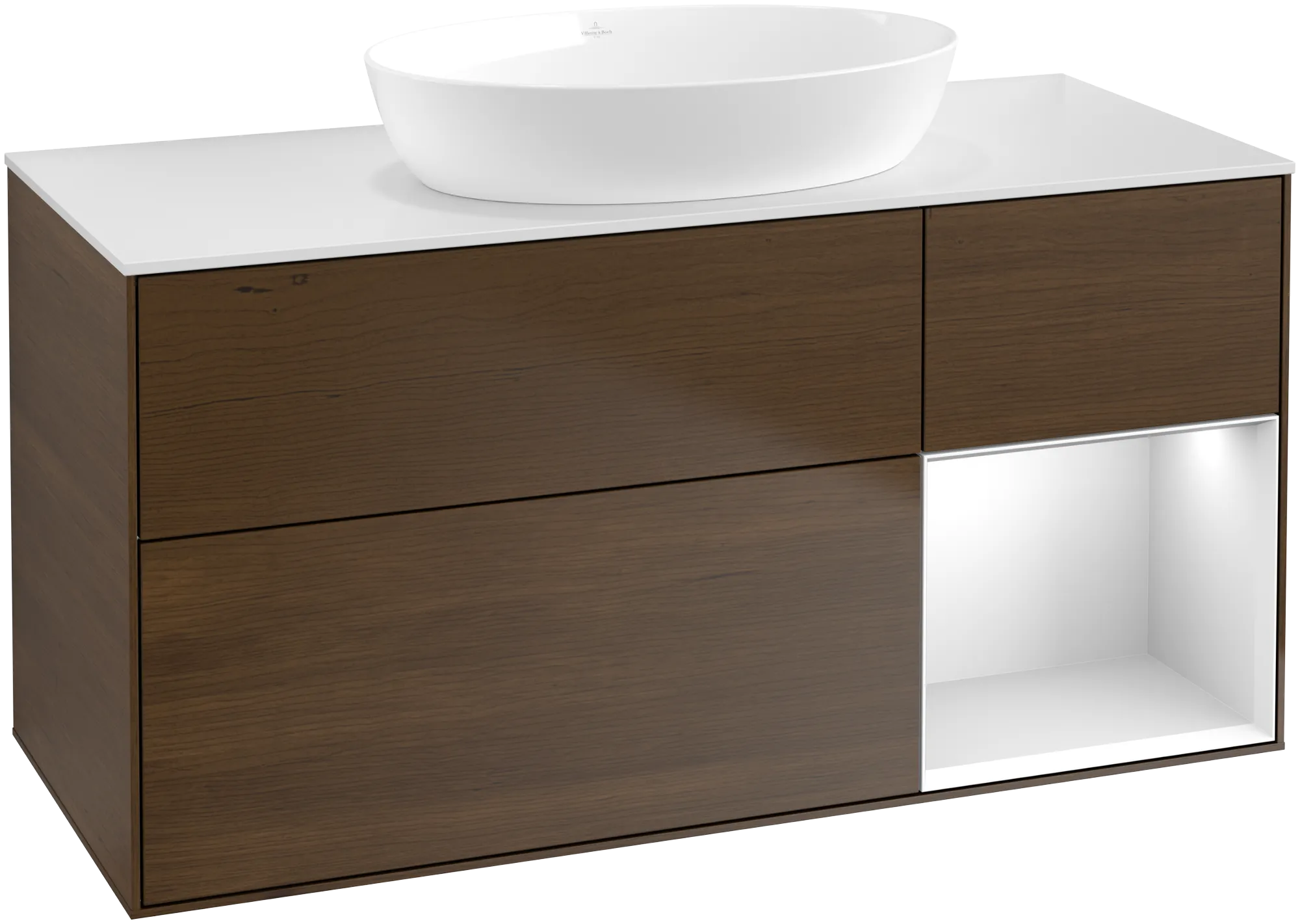Bild von VILLEROY BOCH Finion Waschbeckenunterschrank, mit Beleuchtung, 3 Auszüge, 1200 x 603 x 501 mm, Walnut Veneer / White Matt Lacquer / Glass White Matt #GA71MTGN