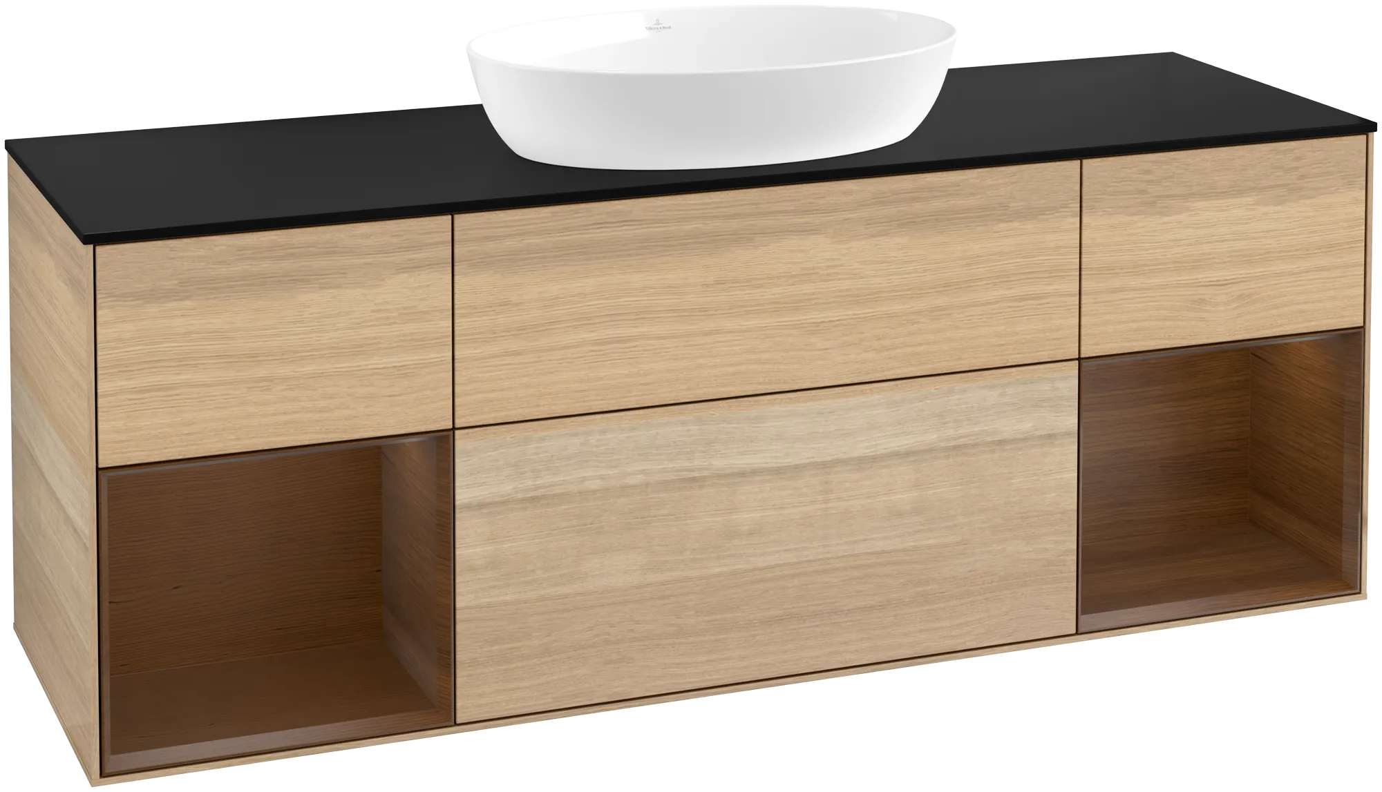 Bild von VILLEROY BOCH Finion Waschbeckenunterschrank, mit Beleuchtung, 4 Auszüge, 1600 x 603 x 501 mm, Oak Veneer / Walnut Veneer / Glass Black Matt #GD02GNPC