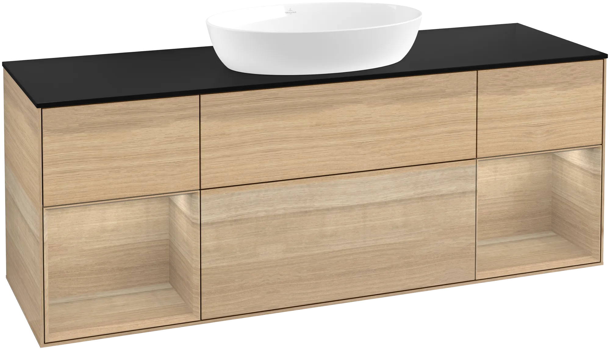 Bild von VILLEROY BOCH Finion Waschbeckenunterschrank, mit Beleuchtung, 4 Auszüge, 1600 x 603 x 501 mm, Oak Veneer / Oak Veneer / Glass Black Matt #GD02PCPC