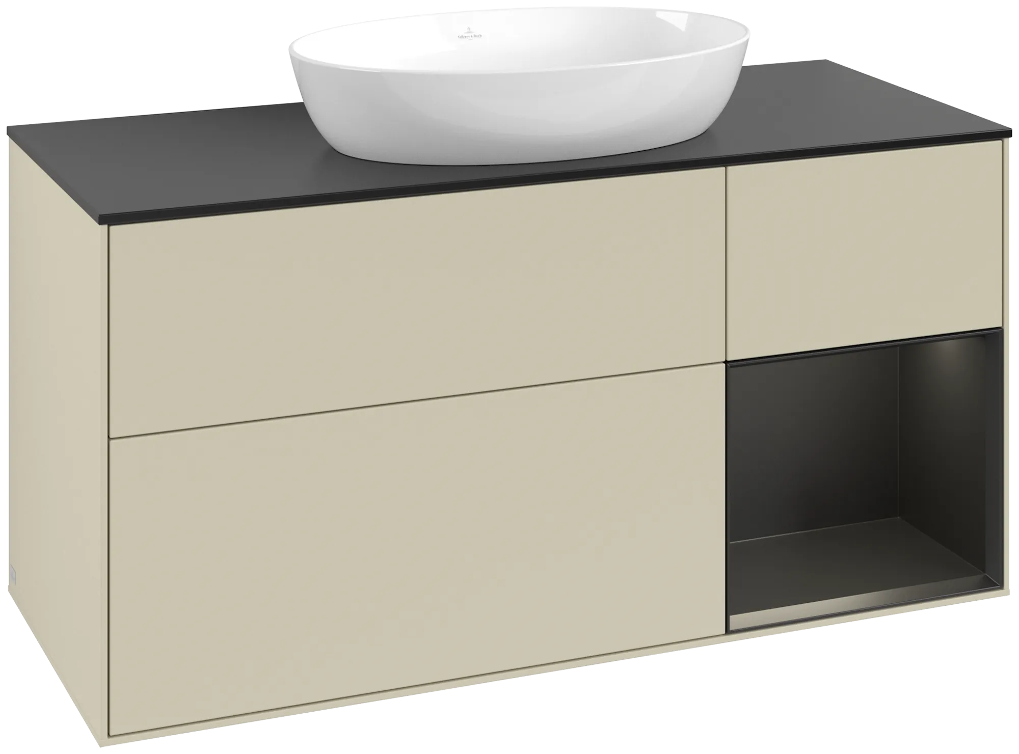 Bild von VILLEROY BOCH Finion Waschbeckenunterschrank, mit Beleuchtung, 3 Auszüge, 1200 x 603 x 501 mm, Silk Grey Matt Lacquer / Black Matt Lacquer / Glass Black Matt #GA72PDHJ