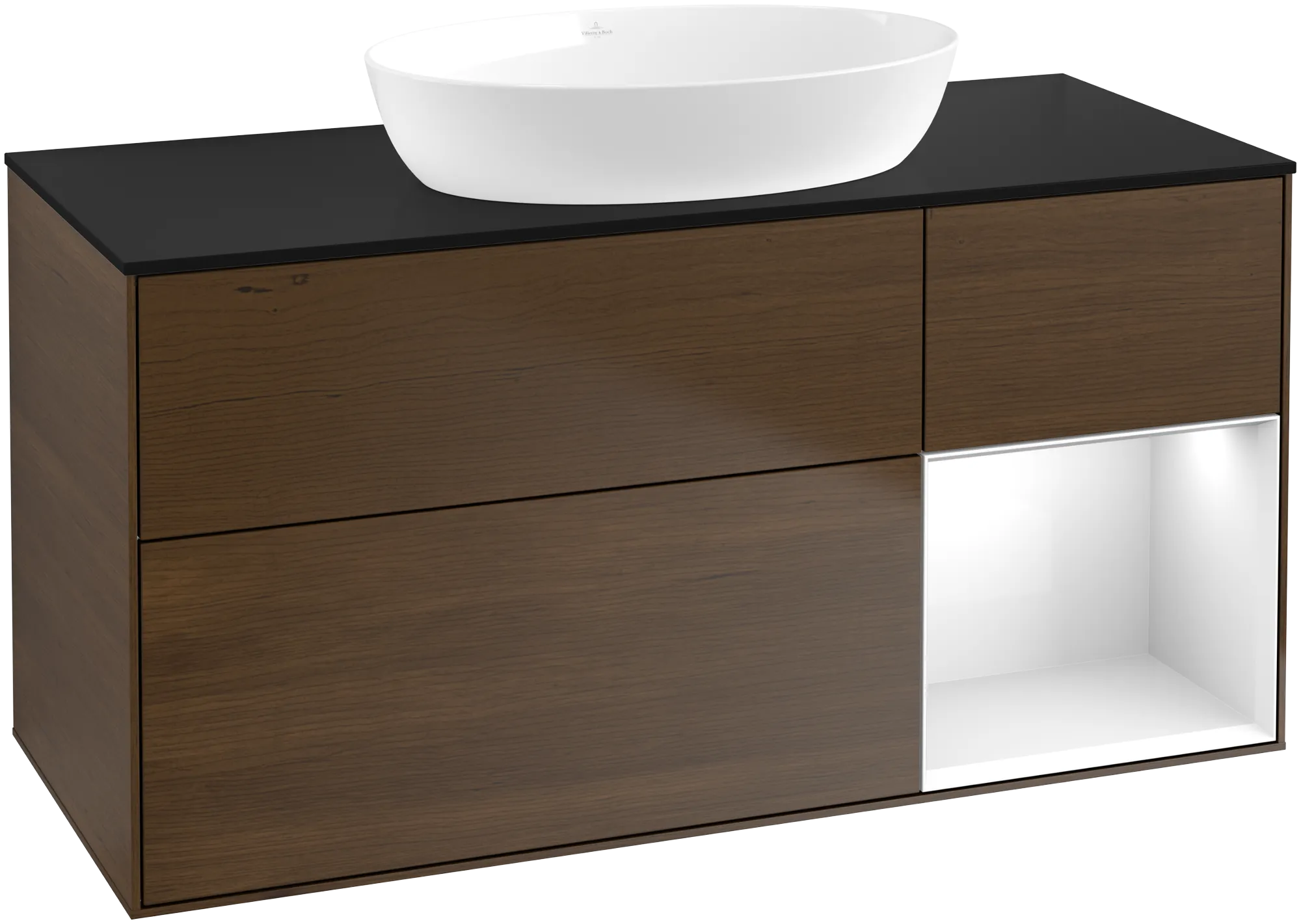 Bild von VILLEROY BOCH Finion Waschbeckenunterschrank, mit Beleuchtung, 3 Auszüge, 1200 x 603 x 501 mm, Walnut Veneer / Glossy White Lacquer / Glass Black Matt #GA72GFGN