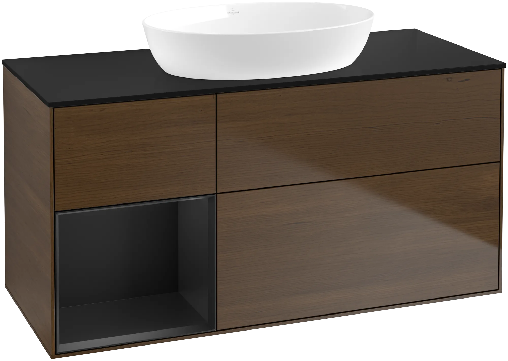Bild von VILLEROY BOCH Finion Waschbeckenunterschrank, mit Beleuchtung, 3 Auszüge, 1200 x 603 x 501 mm, Walnut Veneer / Black Matt Lacquer / Glass Black Matt #GA62PDGN