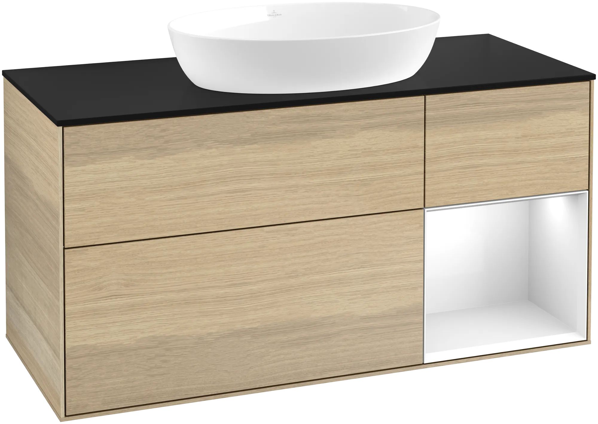 Bild von VILLEROY BOCH Finion Waschbeckenunterschrank, mit Beleuchtung, 3 Auszüge, 1200 x 603 x 501 mm, Oak Veneer / Glossy White Lacquer / Glass Black Matt #GA72GFPC