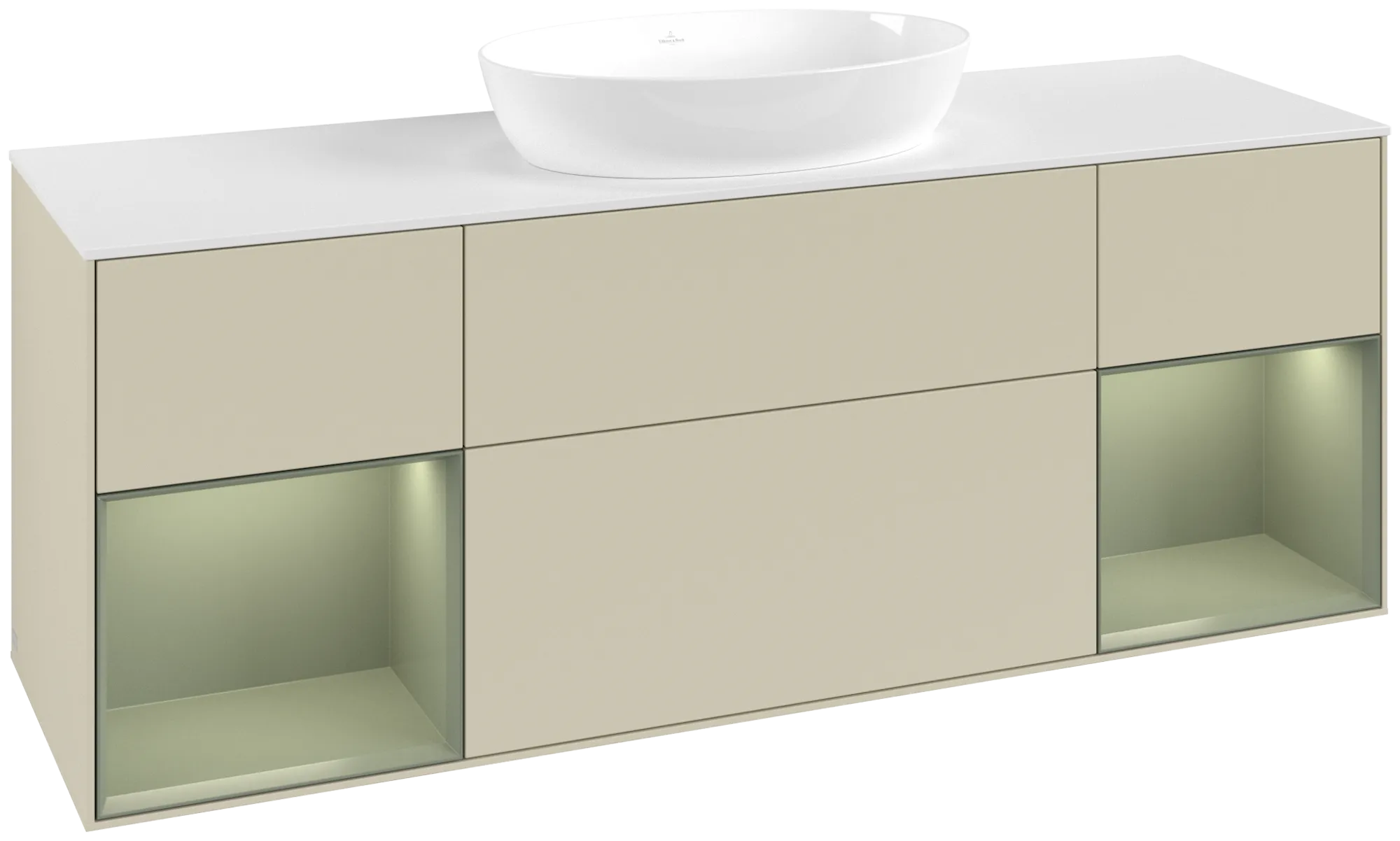 Bild von VILLEROY BOCH Finion Waschbeckenunterschrank, mit Beleuchtung, 4 Auszüge, 1600 x 603 x 501 mm, Silk Grey Matt Lacquer / Olive Matt Lacquer / Glass White Matt #GD01GMHJ