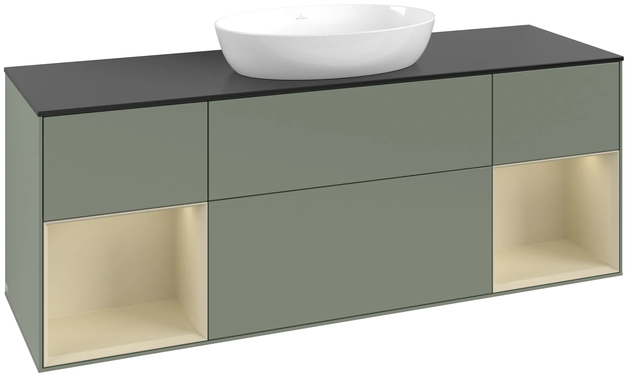 Bild von VILLEROY BOCH Finion Waschbeckenunterschrank, mit Beleuchtung, 4 Auszüge, 1600 x 603 x 501 mm, Olive Matt Lacquer / Silk Grey Matt Lacquer / Glass Black Matt #GD02HJGM