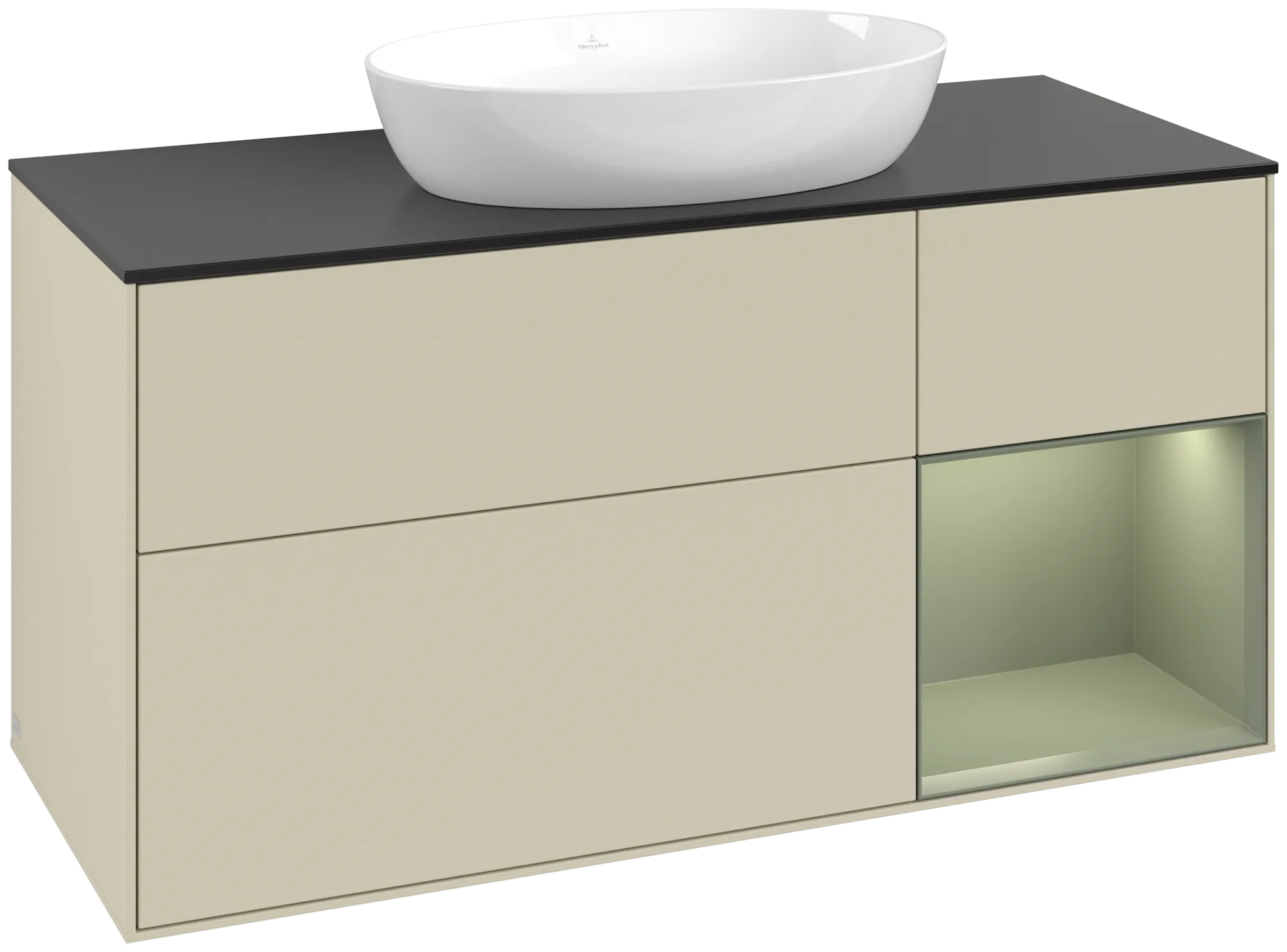 Bild von VILLEROY BOCH Finion Waschbeckenunterschrank, mit Beleuchtung, 3 Auszüge, 1200 x 603 x 501 mm, Silk Grey Matt Lacquer / Olive Matt Lacquer / Glass Black Matt #GA72GMHJ