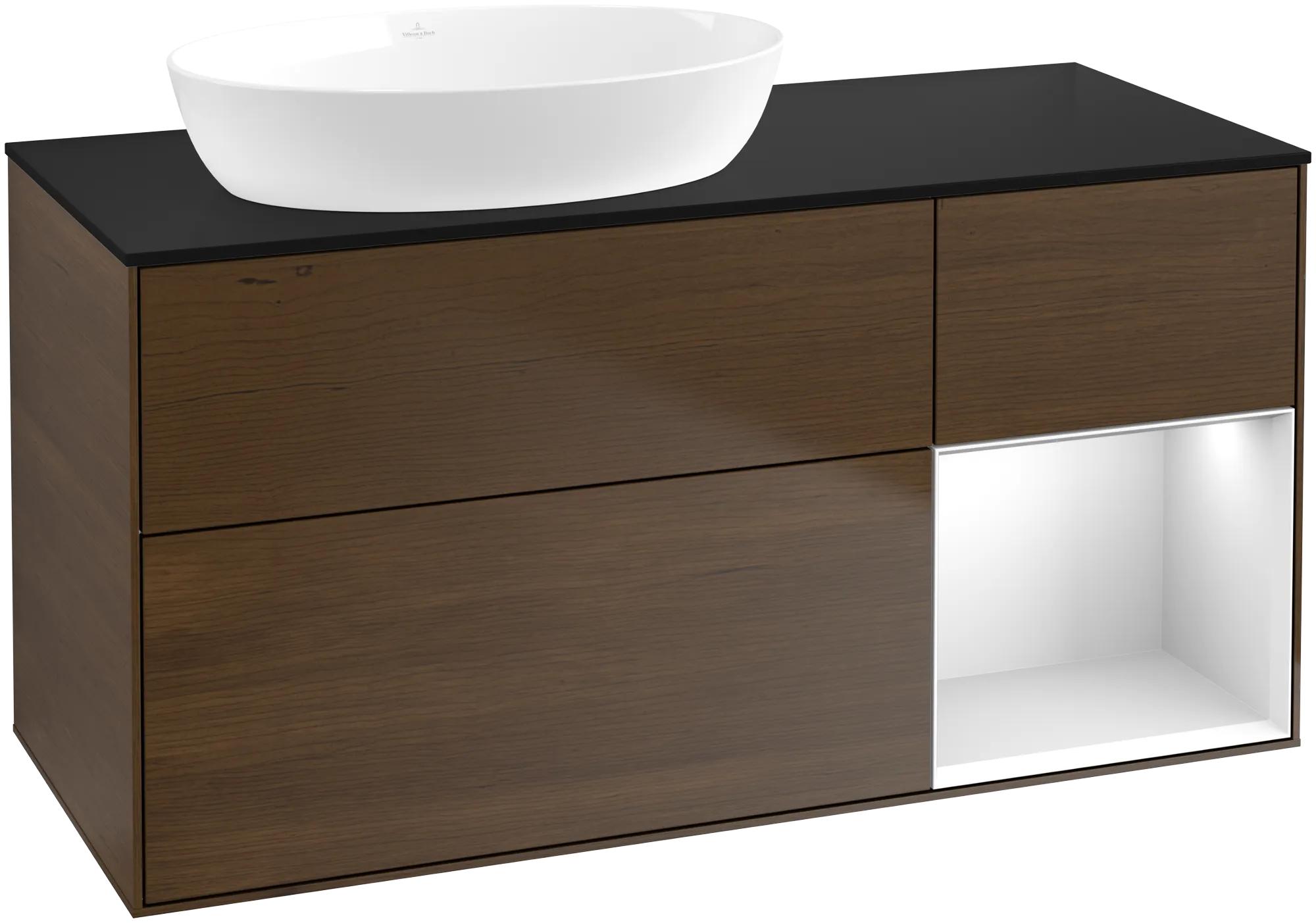 Bild von VILLEROY BOCH Finion Waschbeckenunterschrank, mit Beleuchtung, 3 Auszüge, 1200 x 603 x 501 mm, Walnut Veneer / White Matt Lacquer / Glass Black Matt #GA52MTGN