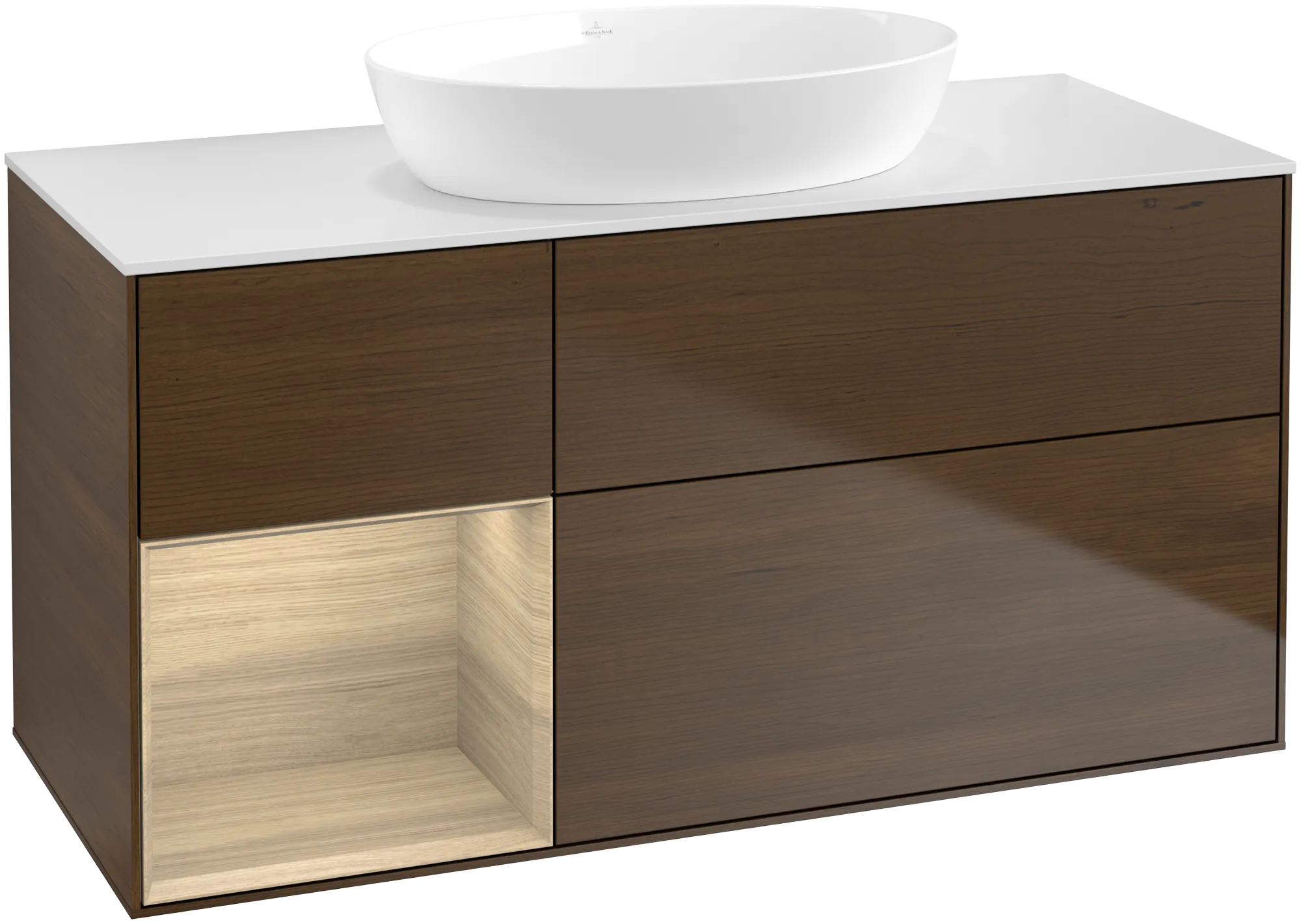 Bild von VILLEROY BOCH Finion Waschbeckenunterschrank, mit Beleuchtung, 3 Auszüge, 1200 x 603 x 501 mm, Walnut Veneer / Oak Veneer / Glass White Matt #GA61PCGN