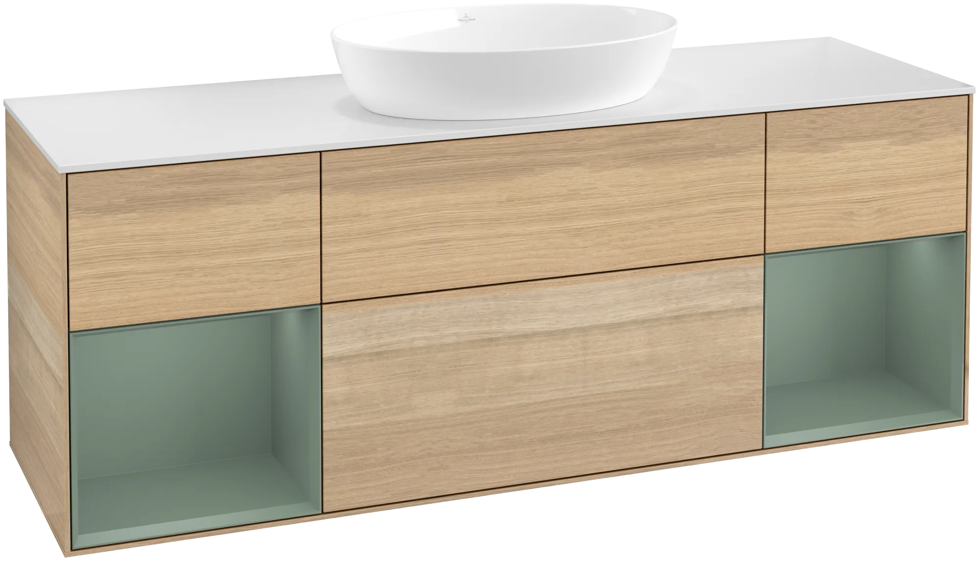 Bild von VILLEROY BOCH Finion Waschbeckenunterschrank, mit Beleuchtung, 4 Auszüge, 1600 x 603 x 501 mm, Oak Veneer / Olive Matt Lacquer / Glass White Matt #GD01GMPC