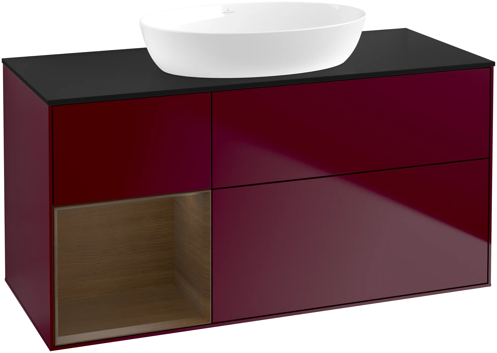 Bild von VILLEROY BOCH Finion Waschbeckenunterschrank, mit Beleuchtung, 3 Auszüge, 1200 x 603 x 501 mm, Peony Matt Lacquer / Walnut Veneer / Glass Black Matt #GA62GNHB