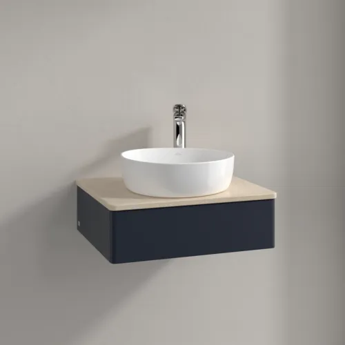 Obrázek VILLEROY BOCH Toaletní skříňka Antao, 1 zásuvka, 600 x 190 x 500 mm, přední strana bez konstrukce, Midnight Blue Matt Lacquer / Botticino #K07053HG
