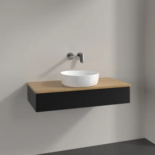 Bild von VILLEROY BOCH Antao Waschbeckenunterschrank, 1 Auszug, 1000 x 190 x 500 mm, Front mit Struktur, Black Matt Lacquer / Honey Oak #K09111PD