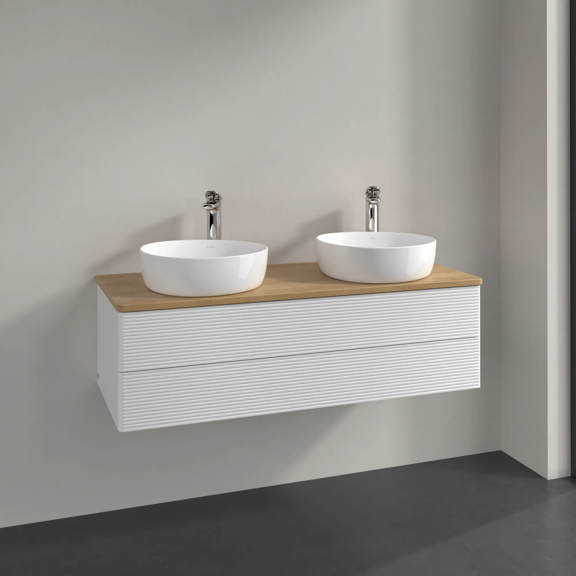 Bild von VILLEROY BOCH Antao Waschbeckenunterschrank, 2 Auszüge, 1200 x 360 x 500 mm, Front mit Struktur, Glossy White Lacquer / Honey Oak #K24151GF